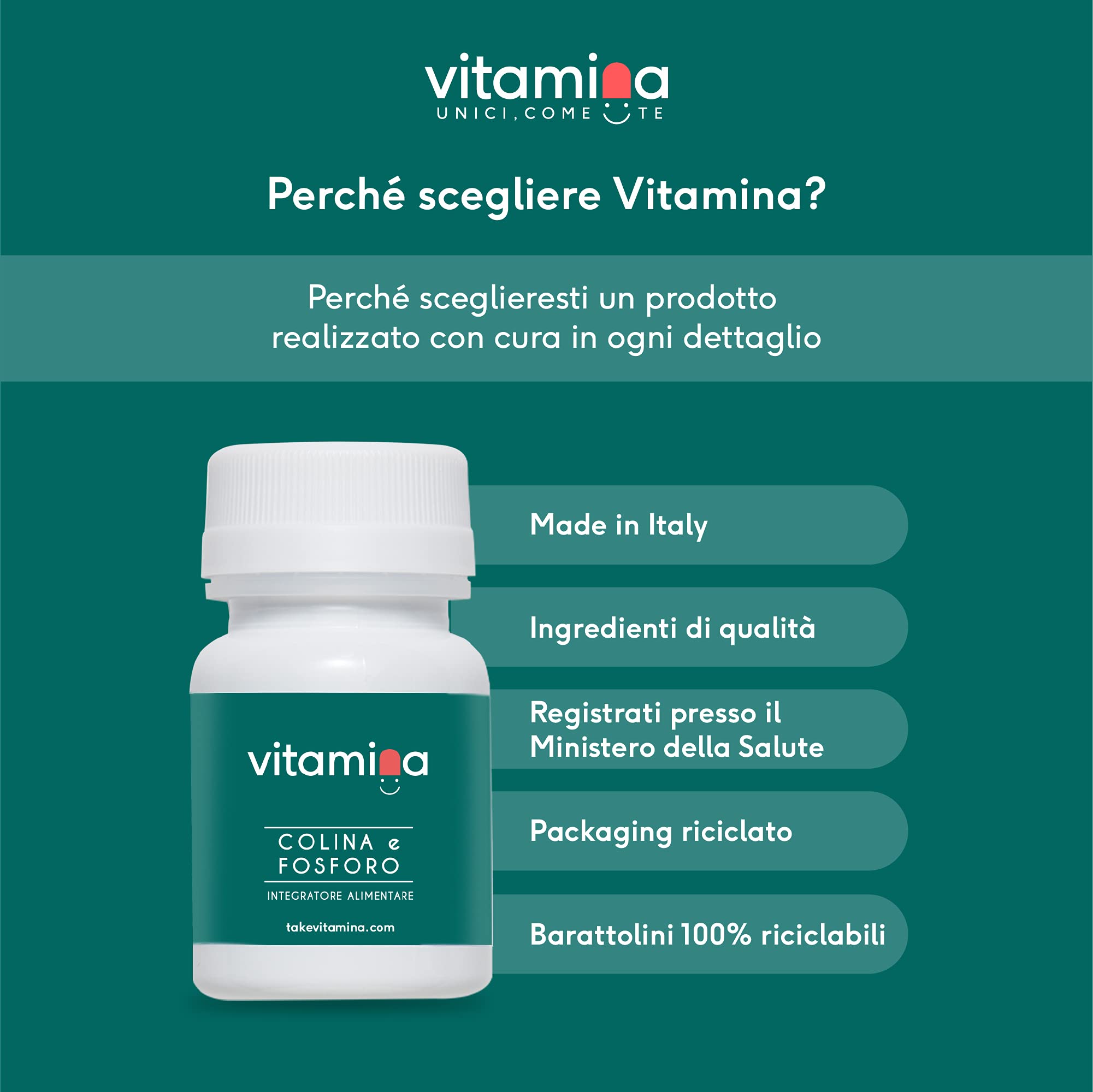 Colina e Fosforo | + Vitamina B6 | Integratore per Concentrazione, Mente, Memoria | 30 compresse, un mese | senza OGM, Glutine e Lattosio | Portapillole Omaggio | Prodotto in Italia | Vitamina®