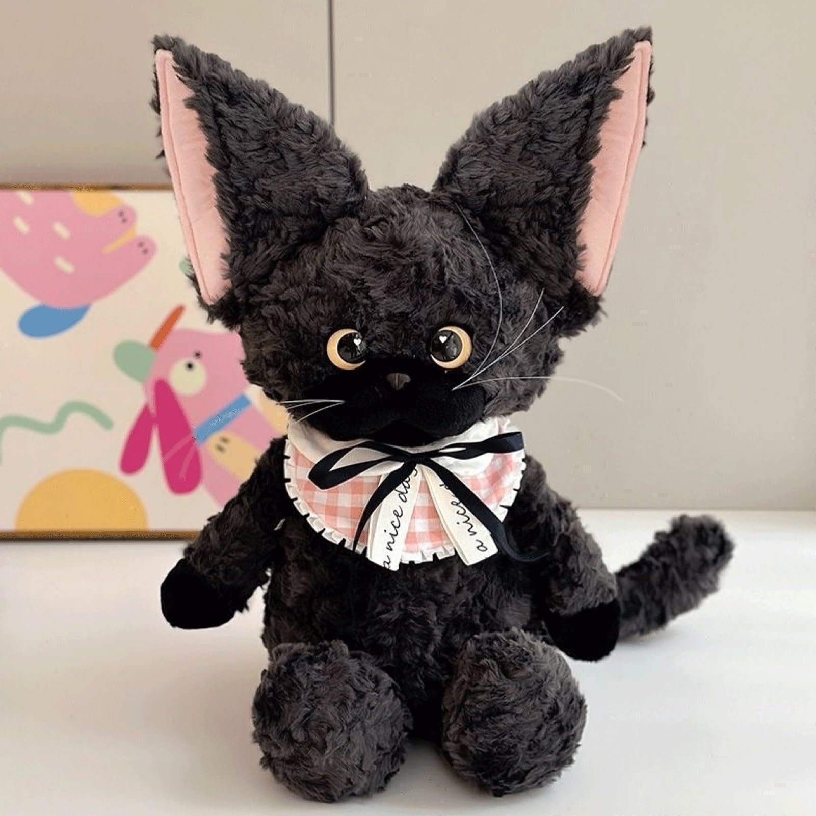 Muñeca de peluche de gato Devon Rex, animal de peluche de gatito con accesorio for collar, juguete de peluche for niñas y adolescentes, regalo de cumpleaños for compañeros(Black,60cm/23.6in)