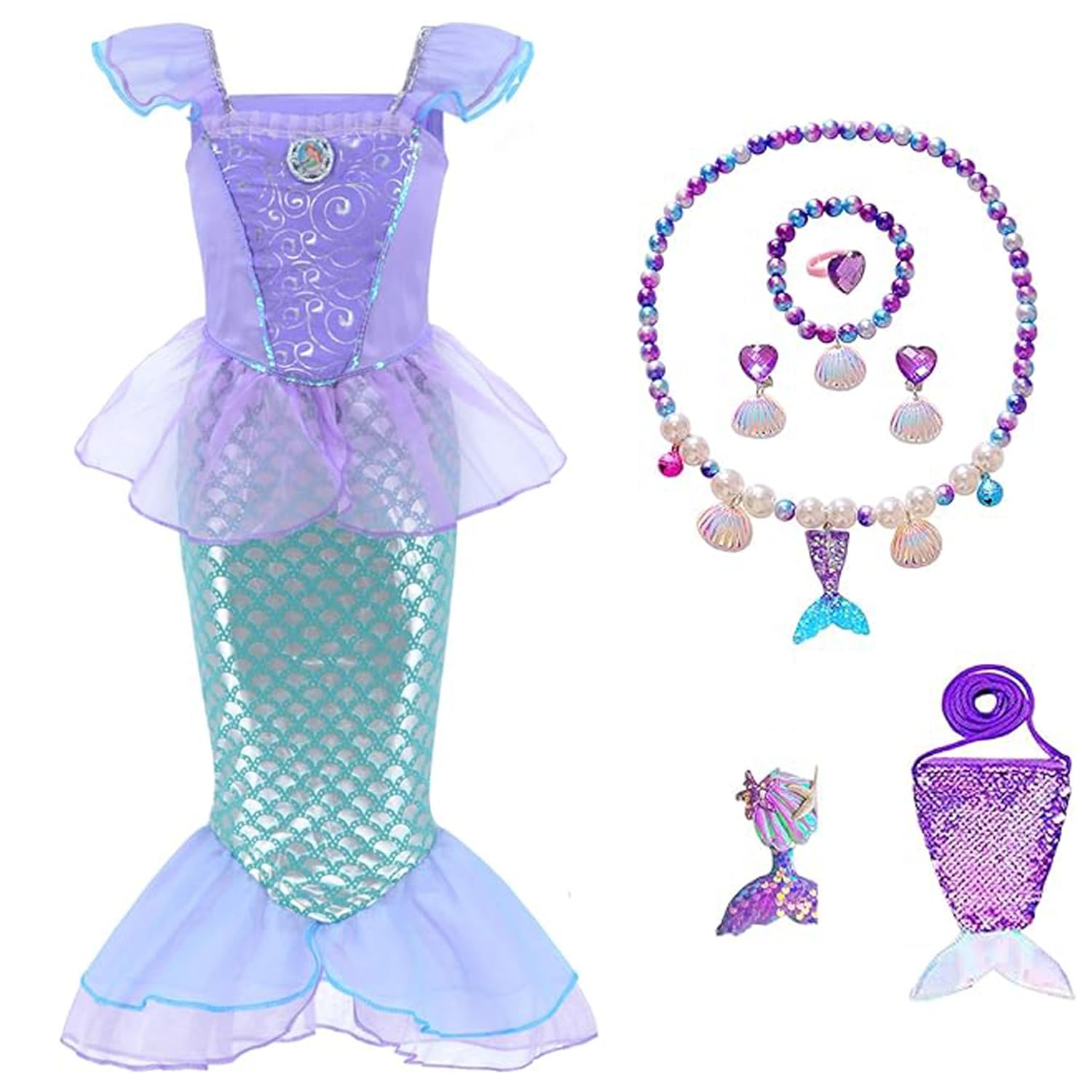 GGEROU Little Girls Mermaid Princess Costume Party Dress for Toddler Kids Baby，Mermaid Costume Princess Dress Up with Accessories，Include Pendant, Earrings, Barrette, Handbag