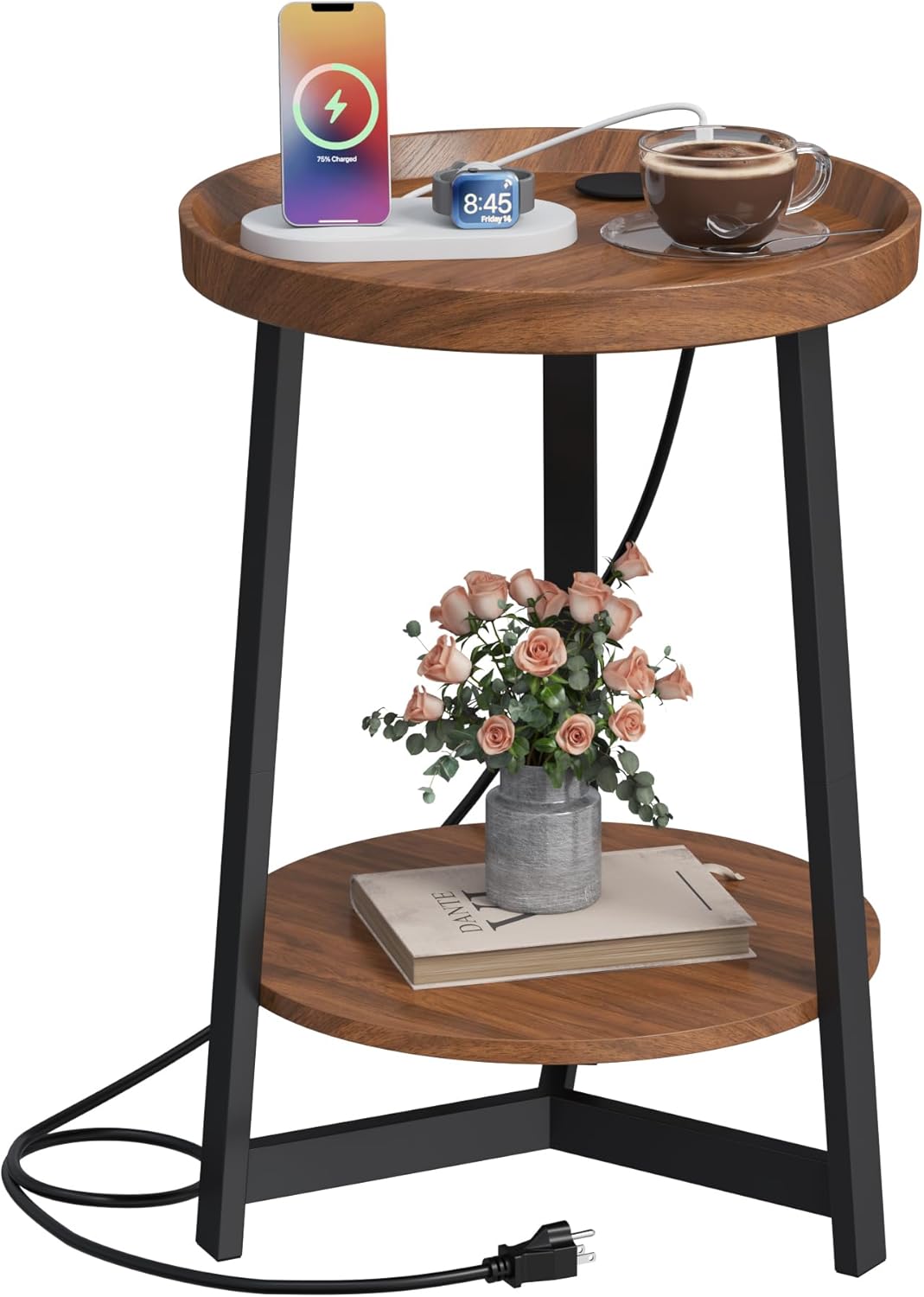 Round Industrial Side Table with Charging Station,2-Tier Round End Table with USB Port & Power Outlet, Nightstand with Metal Frame for Small Spaces, Living Room, Bedroom, Cherry