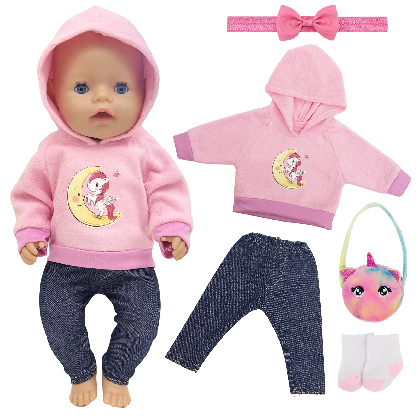 Baby Dolls Doll Clothes Outfits for 35-43 cm 14 Inch 16 Inch 17 Inch Baby Doll Include 1 Hooded Sweatshirt 1 Trousers 1 Bag 1 Bow Beadband 1 Pair Socks