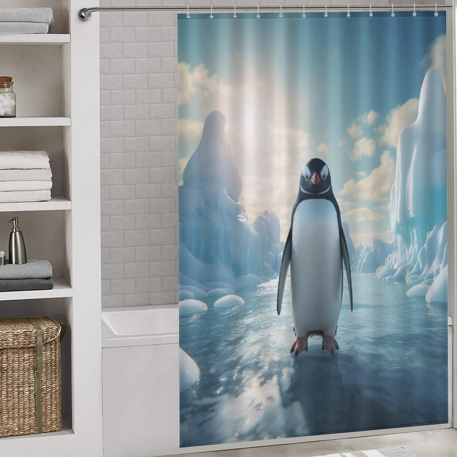 Rideau de douche anti-moisissure pingouins lavable avec 12 crochets solides