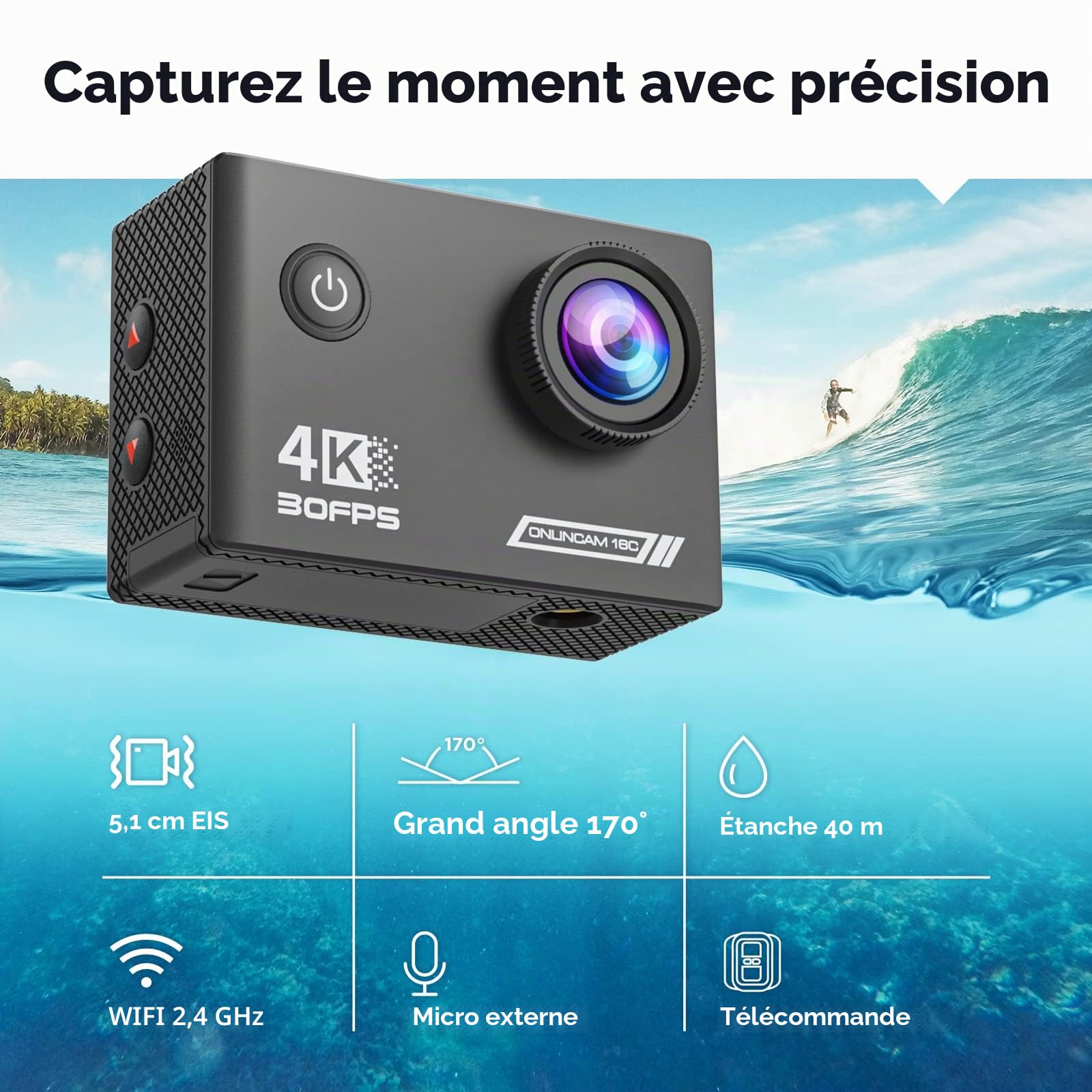 Caméra d'action 4K / 30fps, Action Caméscope WiFi 20MP, 131ft/40m Caméra Étanche EIS avec Microphone Sport Caméra 170°avec Télécommande 2 Batteries, Divers Accessoires