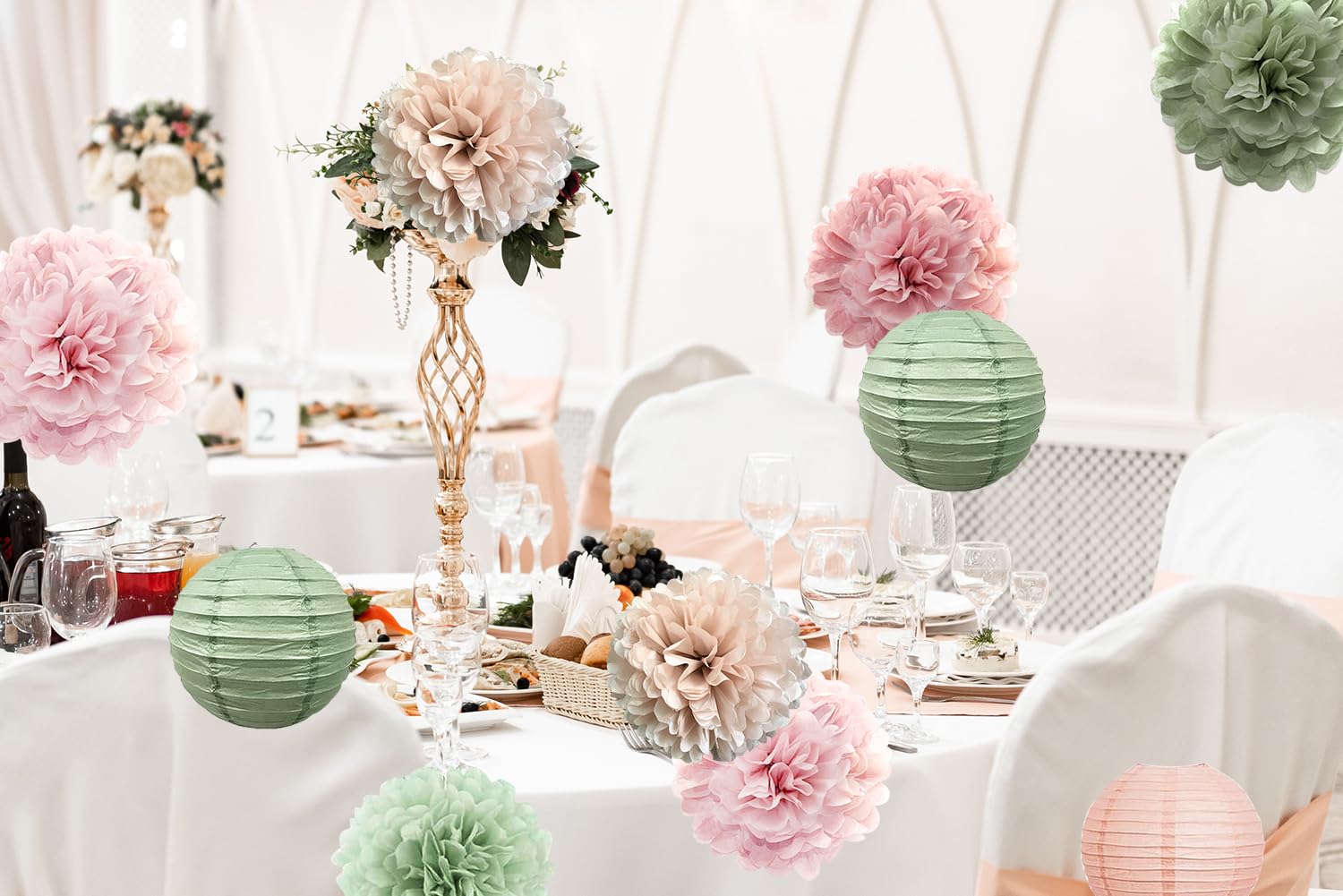 Kit Déco Fête Rose Poudré & Vert Sauge – Pompons Papier, Lanternes, Confettis – Pour Anniversaire, Mariage, Baby Shower – Décoration Table - 5