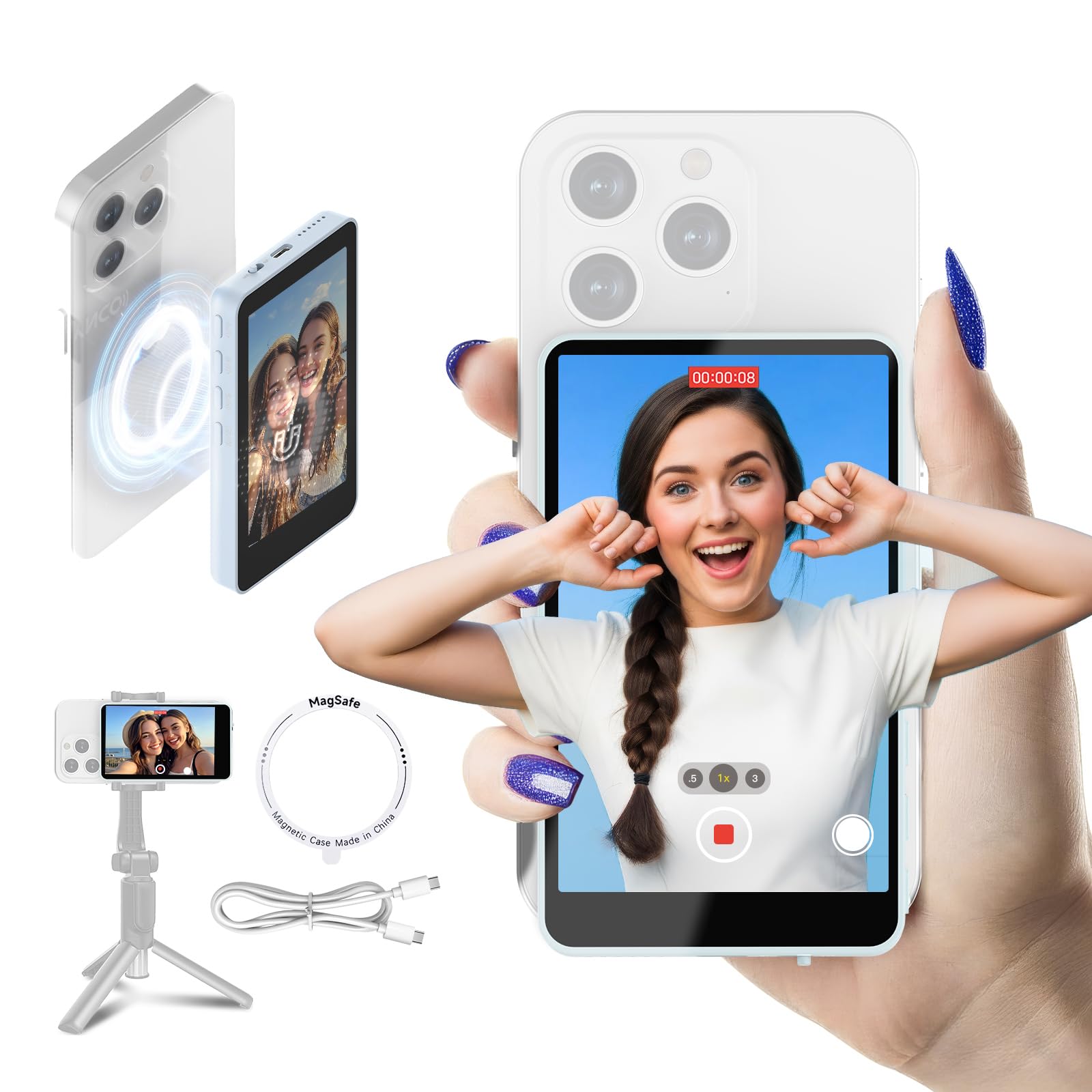 SYNCO Wireless Selfie Monitor Screen for iPhone 7-16 Series（Blue） | Magnetic Back Camera Selfie Monitor, Secure Private P2P Network, Vlog 4K/1080p, 164FT Long Range for TikTop, Youtube, Makeup