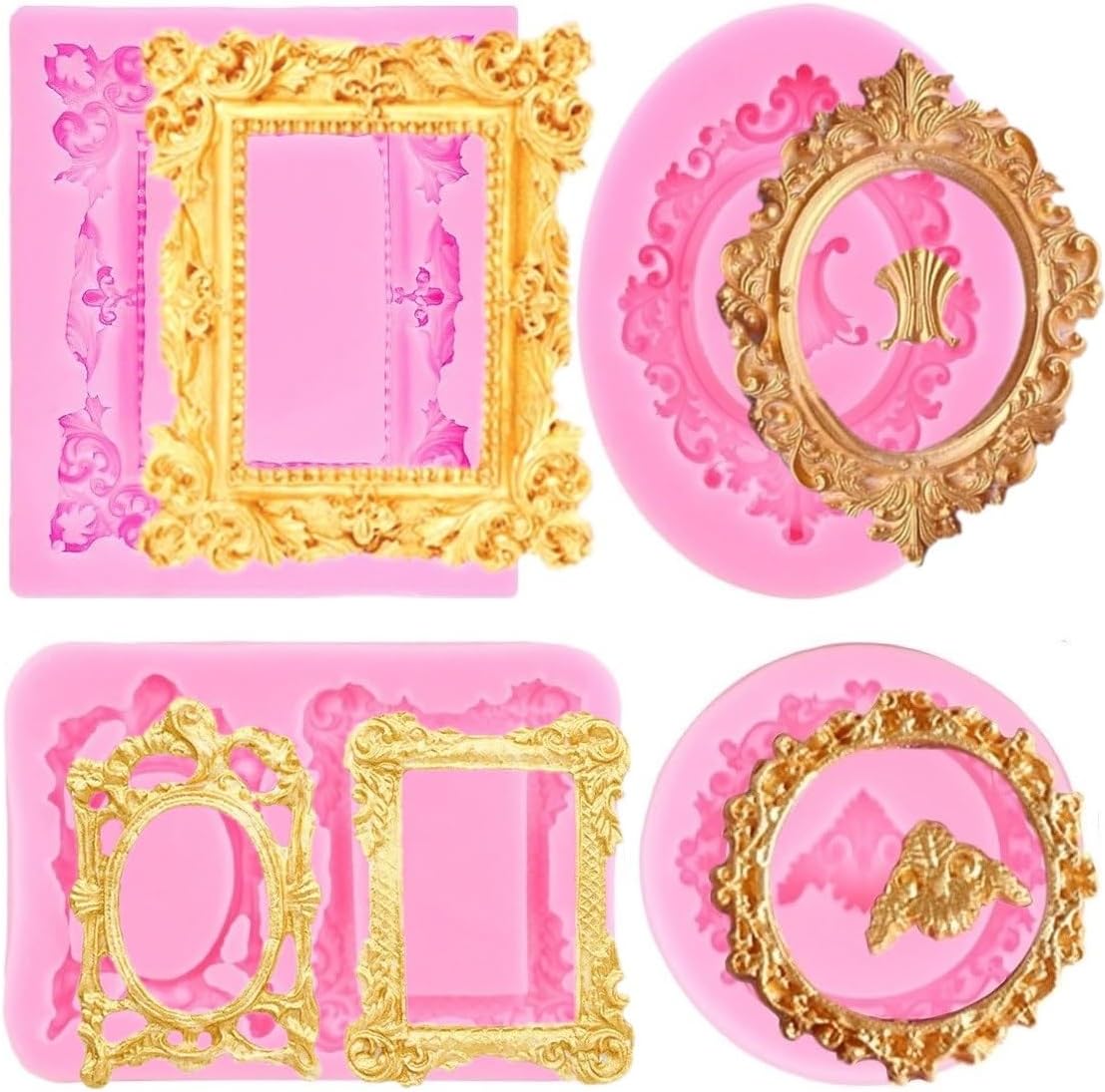 4PCS Baroque Frame Mold,Picture Photo Frames and Mirrors Silicone Fondant Mold for Cake Decorating Cupcake Topper Chocolate Candy Sugarcraft Dessert Decor