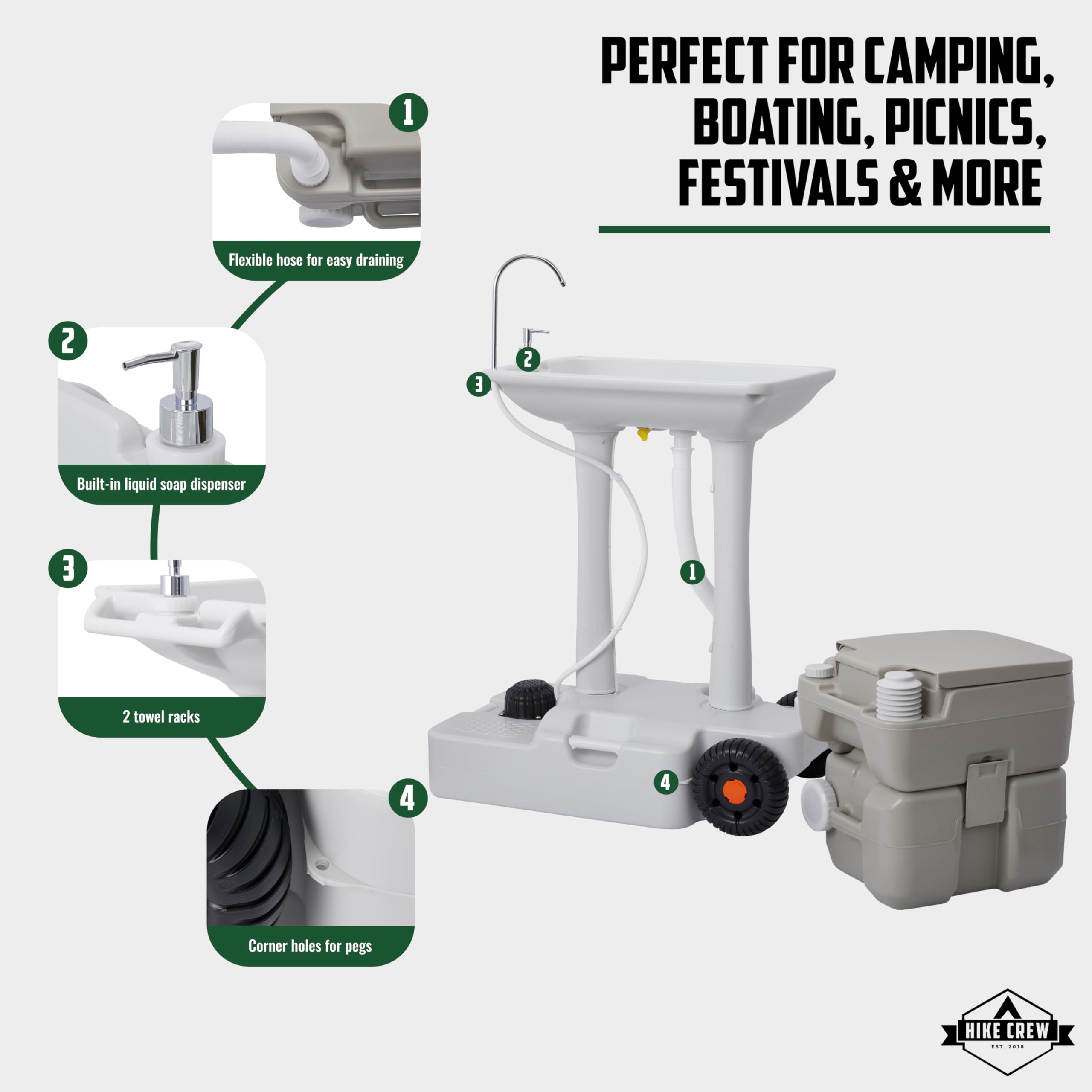Hike Crew XL Portable Camping Sink & Toilet | Extra Large Washing Station with 8 Gal Capacity, Hands-Free Foot Pump, Faucet, Soap Dispenser & Towel Rack | Includes Travel Toilet with 5 Gal Waste Tank