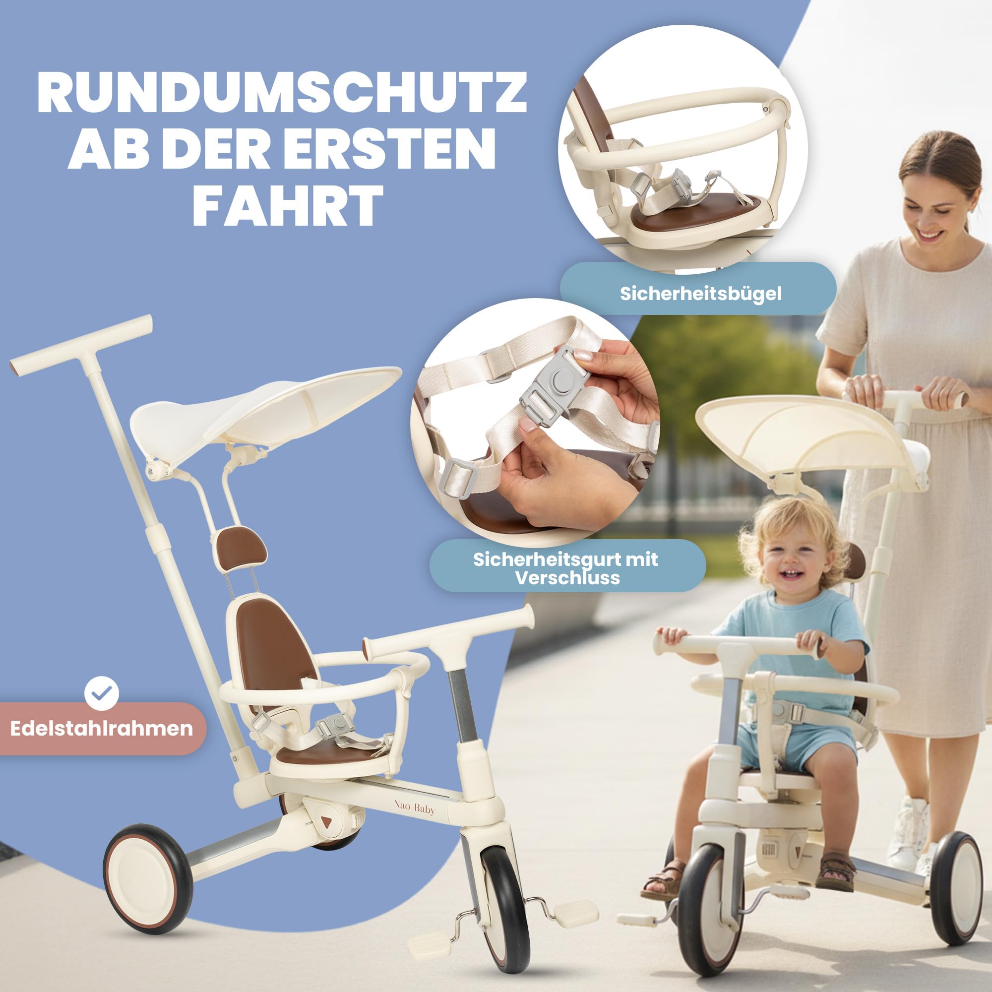 Dreirad Ab 1 Jahr mit Schubstange – Faltbar & Verstellbar, Mitwachsendes Kinder Dreirad (1–5 Jahre), Auch als Laufrad & Dreirad Ab 2 Jahre Nutzbar (Verschiedene Modelle) (Mit Kapuze)