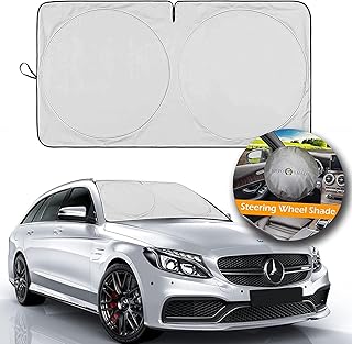 Pára-sol de Pára-brisa de Carro com Pára-sol de Volante de Bônus, Pára-sóis Refletivos de 210T Bloqueia Calor E Sol, Protetor Solar Dobrável Para Pára-brisa De Carro Mantém Seu Veículo Fresco (Pequeno 150 x 79 cm)