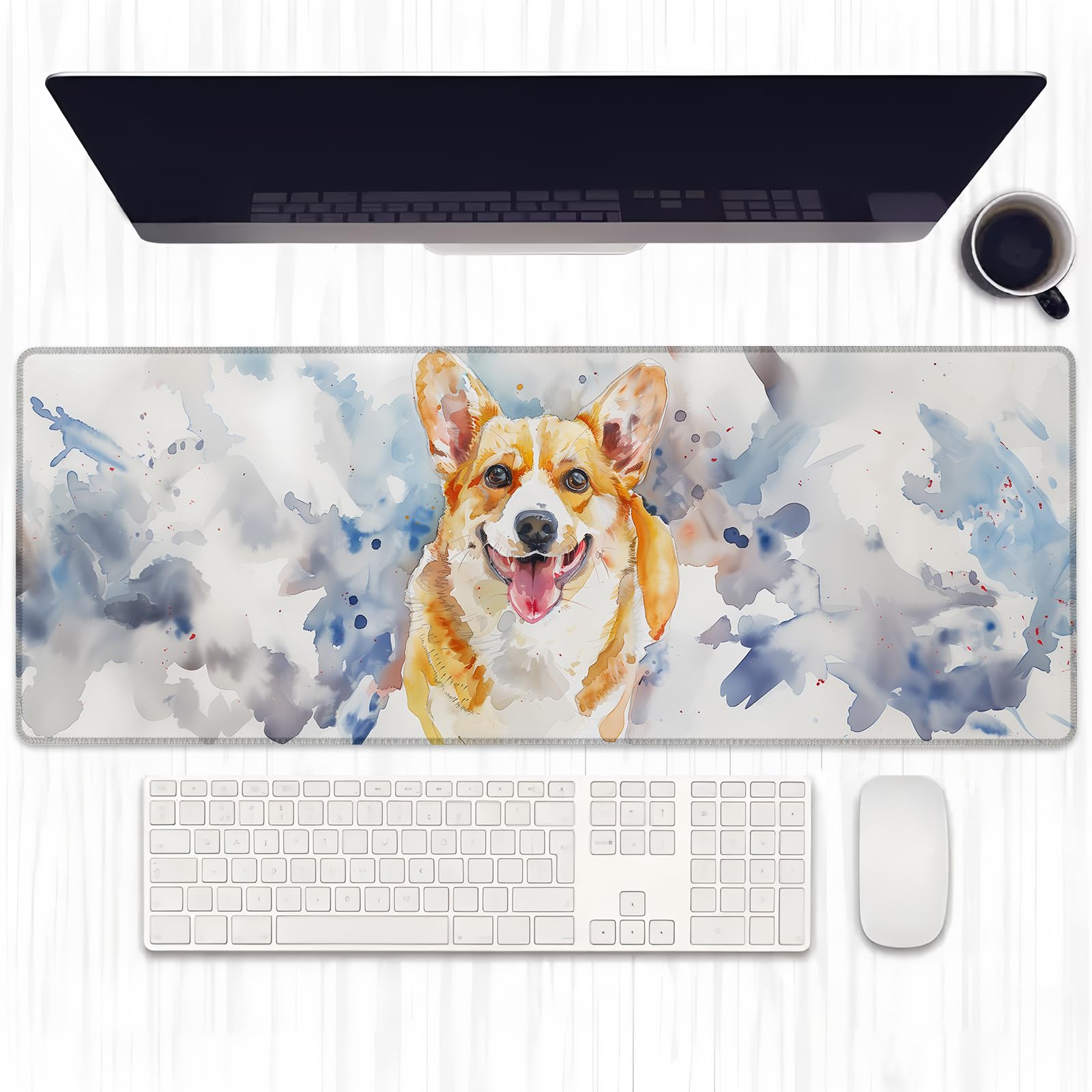 Ti Caldi Happy Corgi Gaming Mouse Pad, Extended Watercolor Corgi Dog Desk Mat Computer Laptop Mousepad, Robust Stitched Edges, 31.5"×11.8" Large Office Keyboard Puppy Mouse Pads for Home Desktop Decor