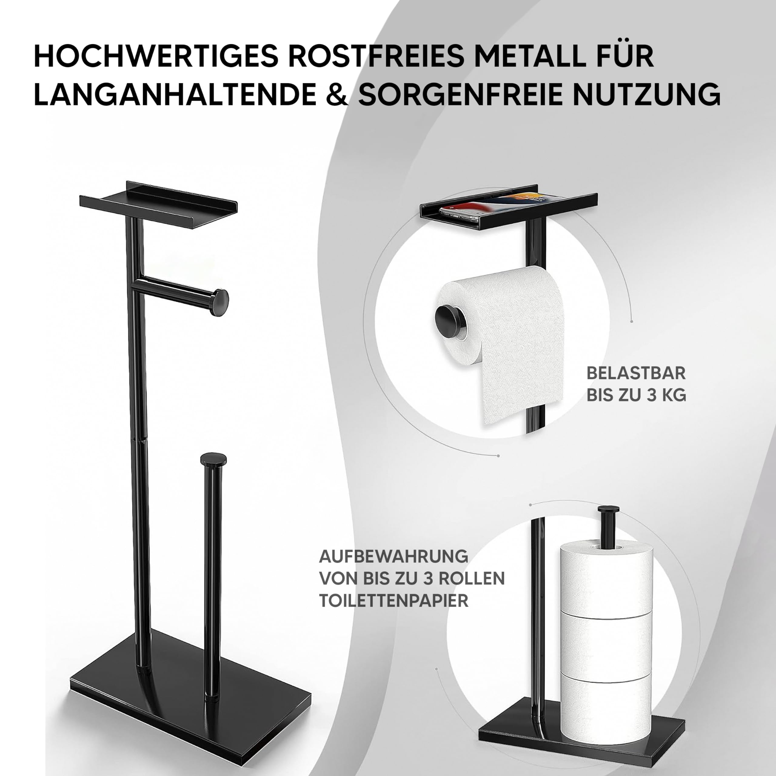 Toilettenpapierhalter Ständer Mit Ablage – Freistehend, Mobil, Passt Ins Badezimmer, Schwarzes Design