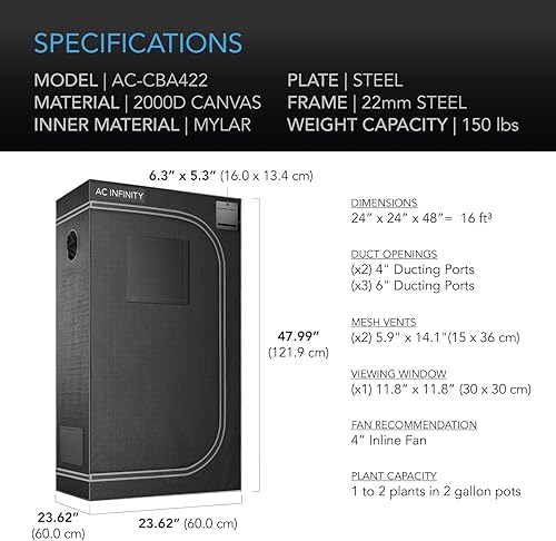 Miniatura 6 de AC Infinity CLOUDLAB 422 Advance - Tienda de campaña de cultivo de 24 x 24 x 48 pulgadas, postes de 1 pulgada de grosor, lona Mylar de diamante
