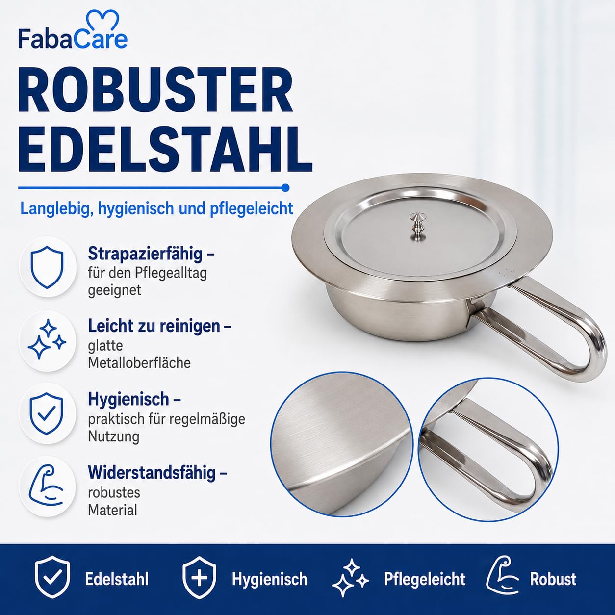 FabaCare Bettpfanne Edelstahl mit Deckel für Erwachsene, 2 Liter | Stechbecken 2 Liter für Pflege, Klinik & Zuhause – robust, hygienisch, leicht zu reinigen und diskret griffbereit