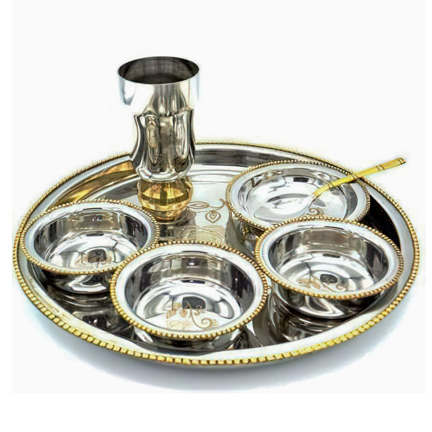 Titox Premium Golden Unerasable Work Heavy Gauge Stainless Steel 7 Piece Thali Set|| 1 Thali, 1 Glass, 1 Spoon, 3 Bowls, 1 Dessert Bowl (B0BQBJ46ZW) Amazon Price History, Amazon Price Tracker