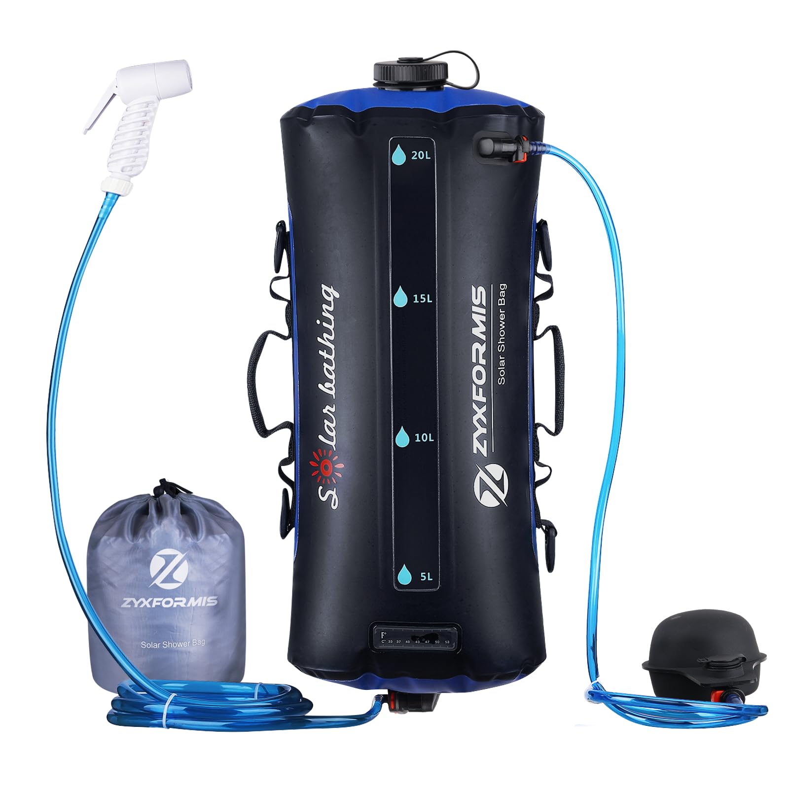 Doccia da Campeggio Portatile 20 L con Display e Pompa a Pedale | TPU resistente, sacca pieghevole, finestra trasparente, doppio raccordo, tubo rimovibile, getto regolabile, spiaggia, animali