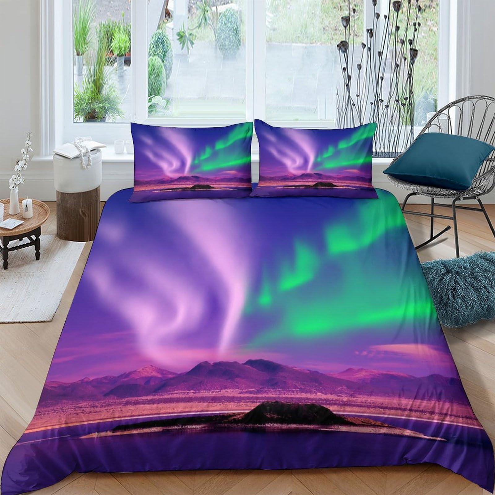 BARDYS Aurora Duvet Cover with Pillowcaser Kids 3D Printed Bedding Nature Comforter Cover Soft Microfiber Quilt Cover for Girls, Boys Bedding Set，with Zipper Closure Double（200x200cm）