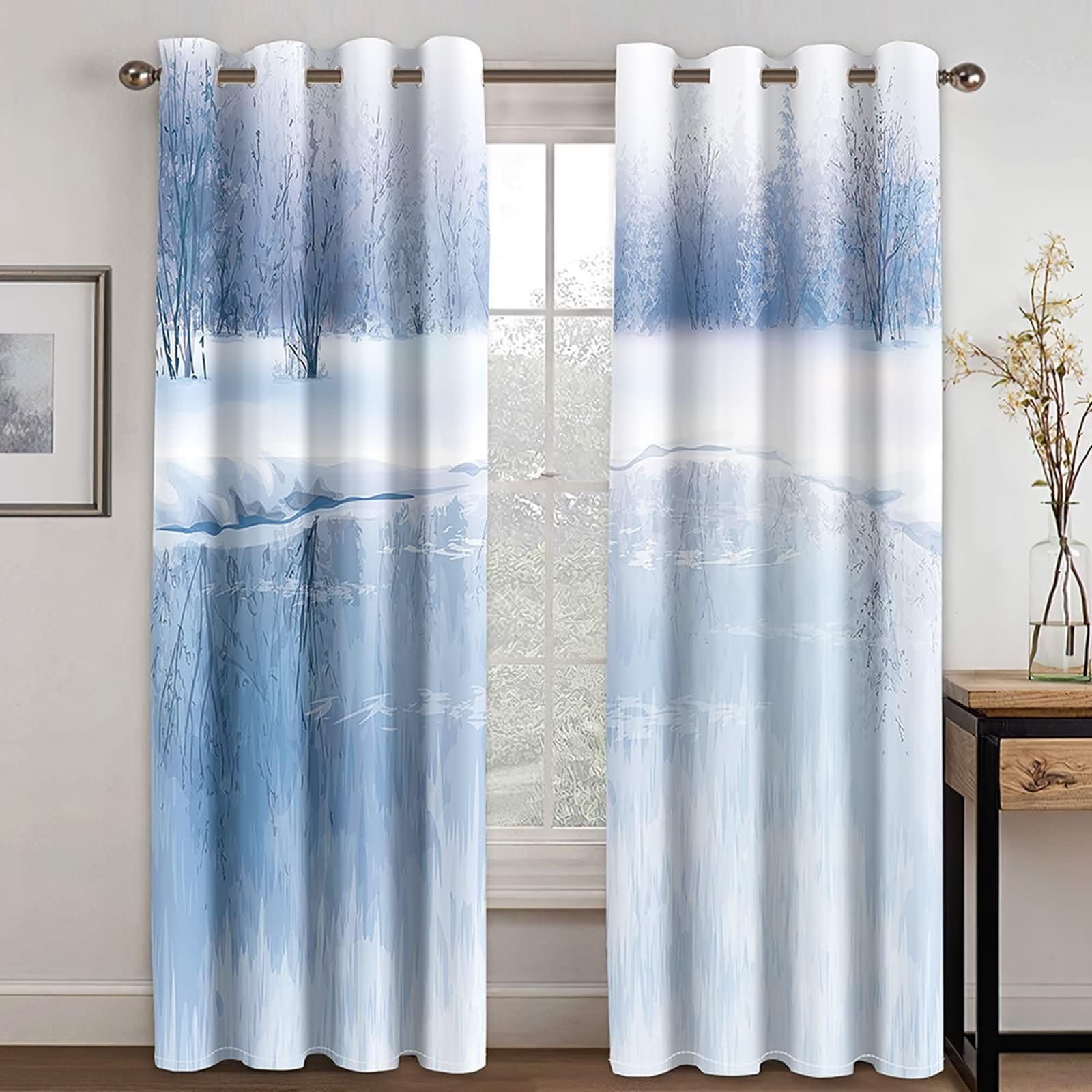 Rideau Occultant Fenetre Balcon 2 Panneaux,2 x 137W x 274H CM,Rideau Oeillet Paysage d'Arbres Enneigés et Lac Rideaux Sejour Gris