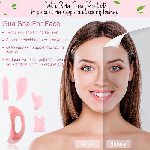 Miniatura 6 de Treela Juego de 5 herramientas faciales de masaje Gua Sha y 1 herramienta de masaje corporal Gua Sha con asa, kit de masajeador Guasha para cara,