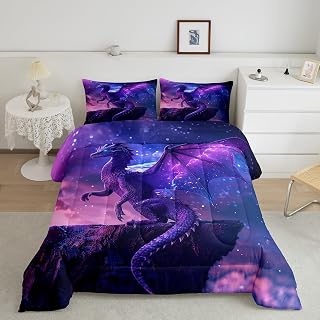 3D Purple Dragon Comforter Set Twin Size,Magical Wild Animal Duvet Insert 2Pcs,Galaxy Nebula Starry Sky Fantasy Bedding Set for Kids Boys Girls Room Decor,Modern Trippy Quilt Set,1 Pillowcase