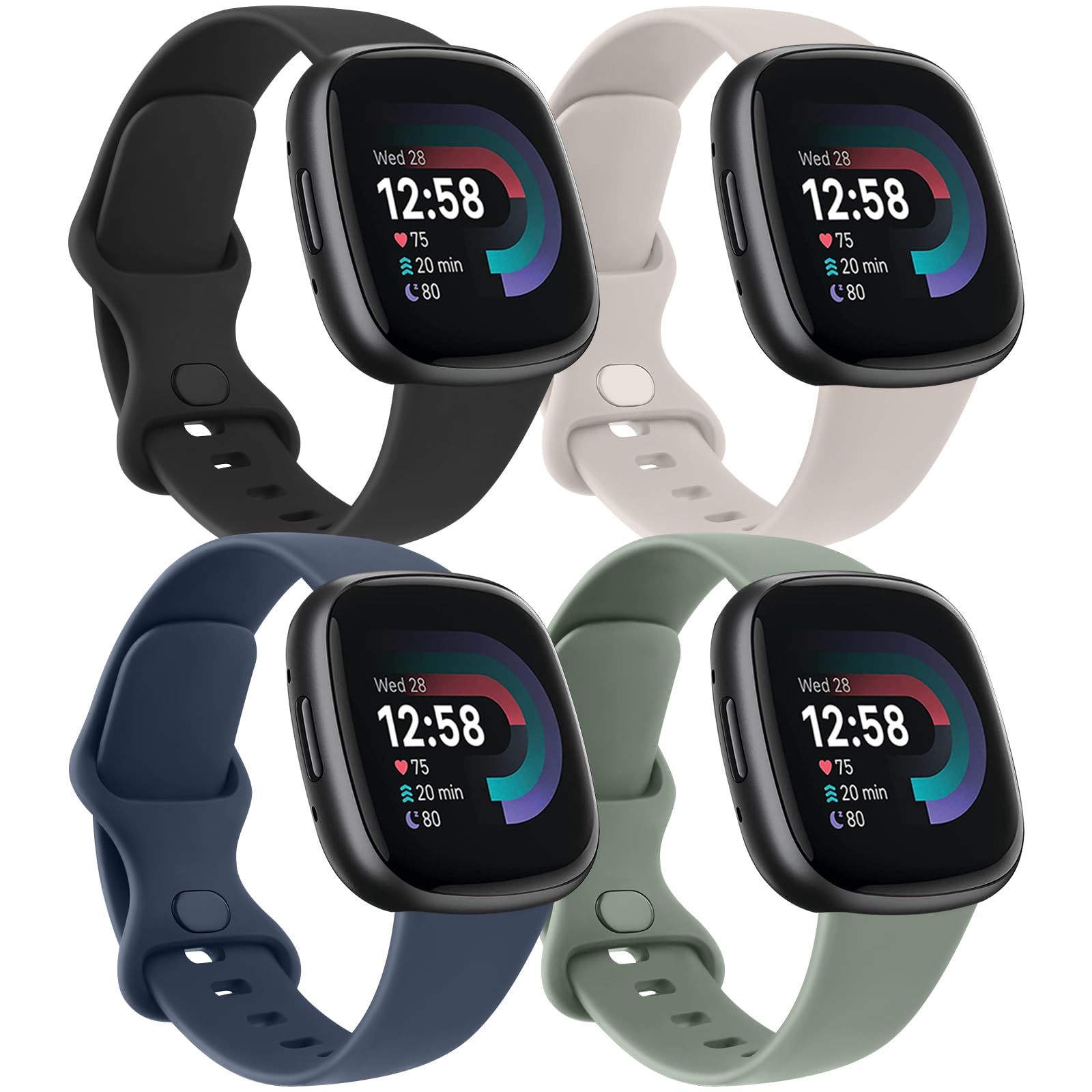 4 PACK Bands For Fitbit Versa 4/ Versa 3/Sense 2/Sense Band Women Men, Classic Soft Silicone Straps for Fitbit Versa 4 / Versa 3 Smart Watch