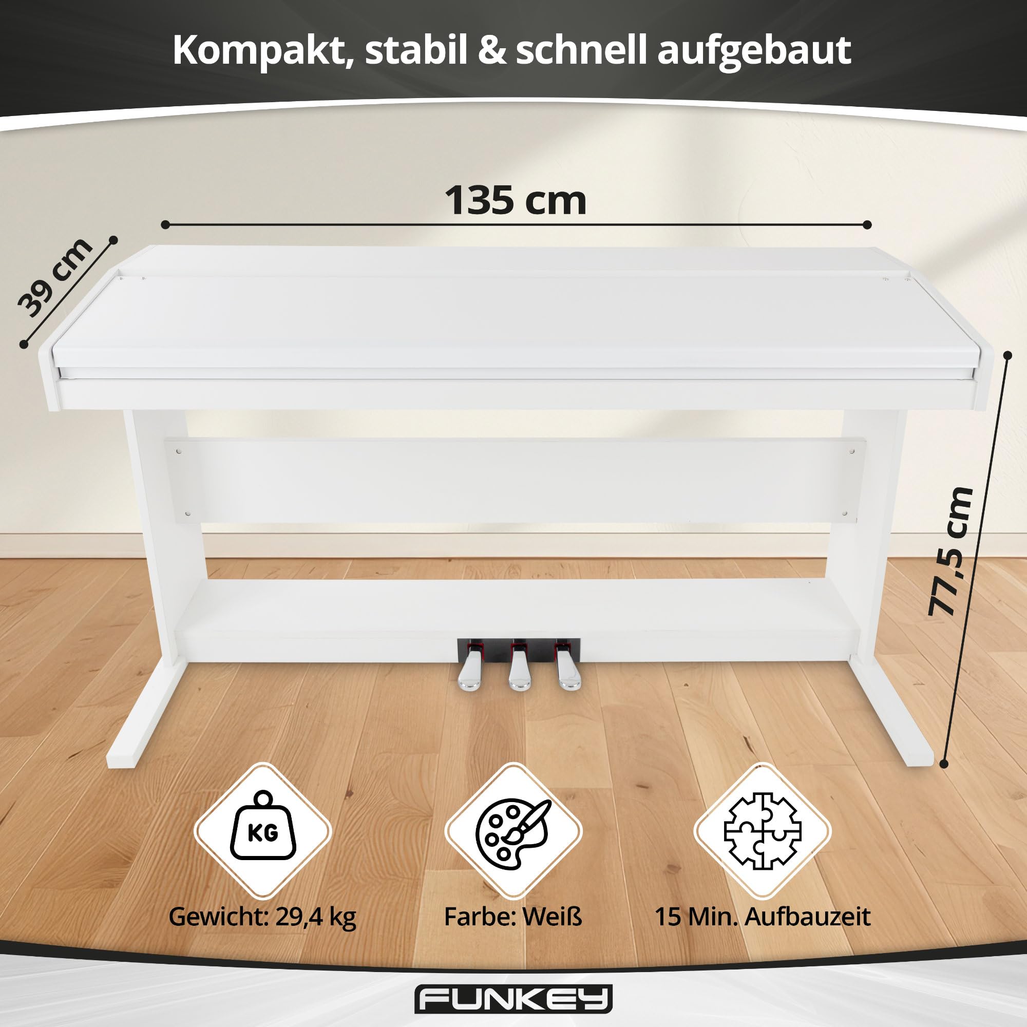FunKey DP-88 II Digitalpiano (88 anschlagsdynamische Keyboard-Tasten, 128-fach polyphon, 360 Sounds, 160 Styles, MP3-Player, Lernfunktion, Record- & Playback-Funktion, 3 Pedale) weiß