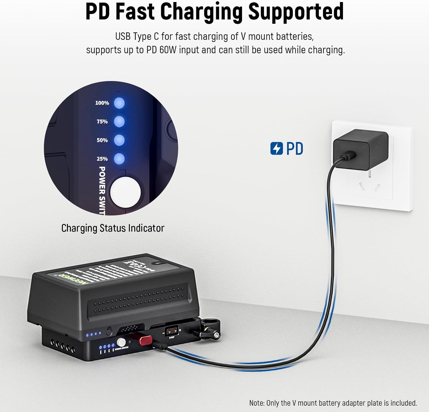 Neewer V Mount Battery Plate with 15mm Rod Clamp, Power Supply Splitter PD 60W Type C&D Tap/DC15V Port, Compatible with Fxlion Sony V Lock Battery, Compatible with SmallRig Video Rig, VB-A1