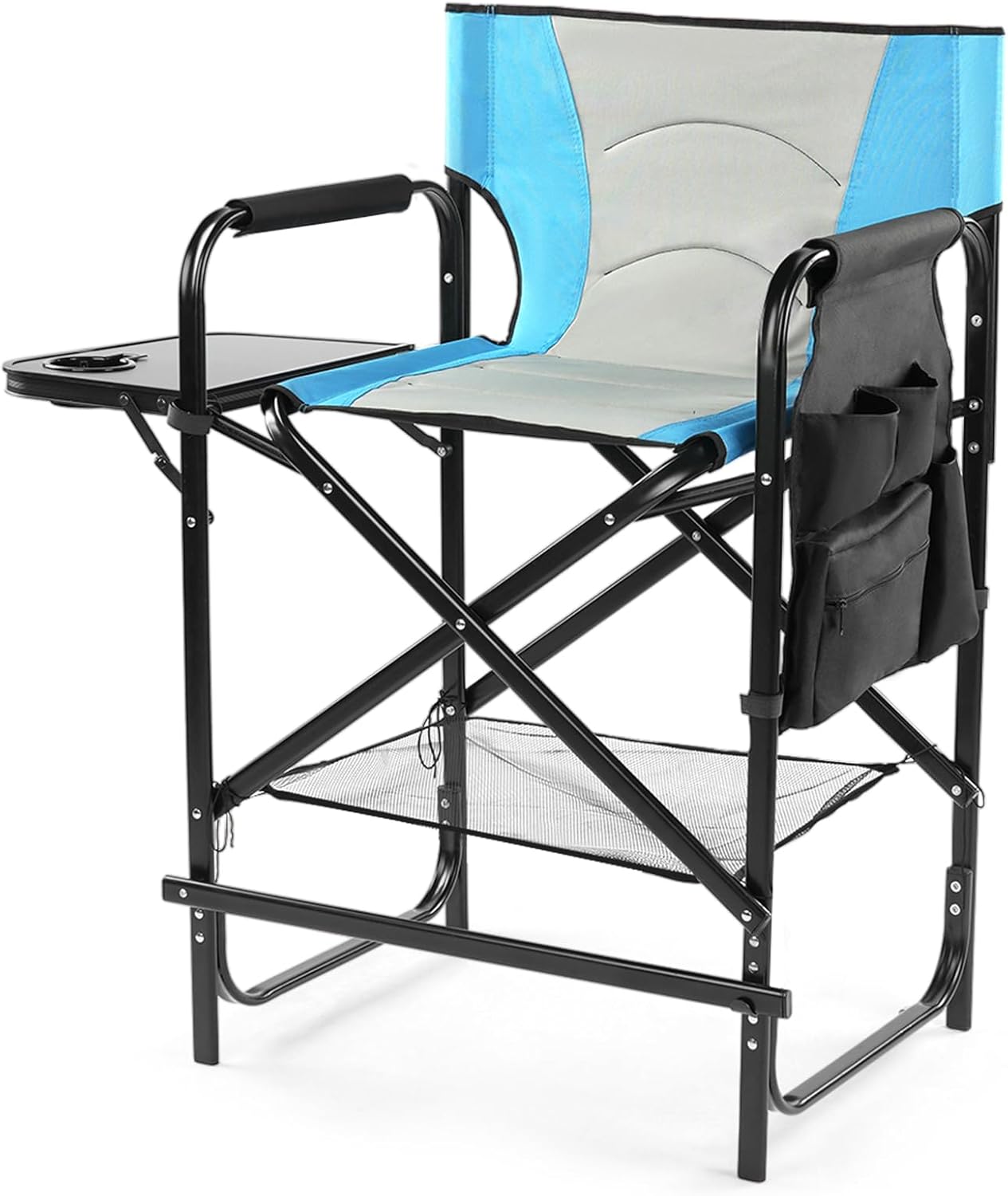 26" Tall Directors Chair with Footrest, 4Portable Bar Height Folding Camping Chair with Built-in Cup Holder, Side Table, Storage Pocket (Blue & Gray)