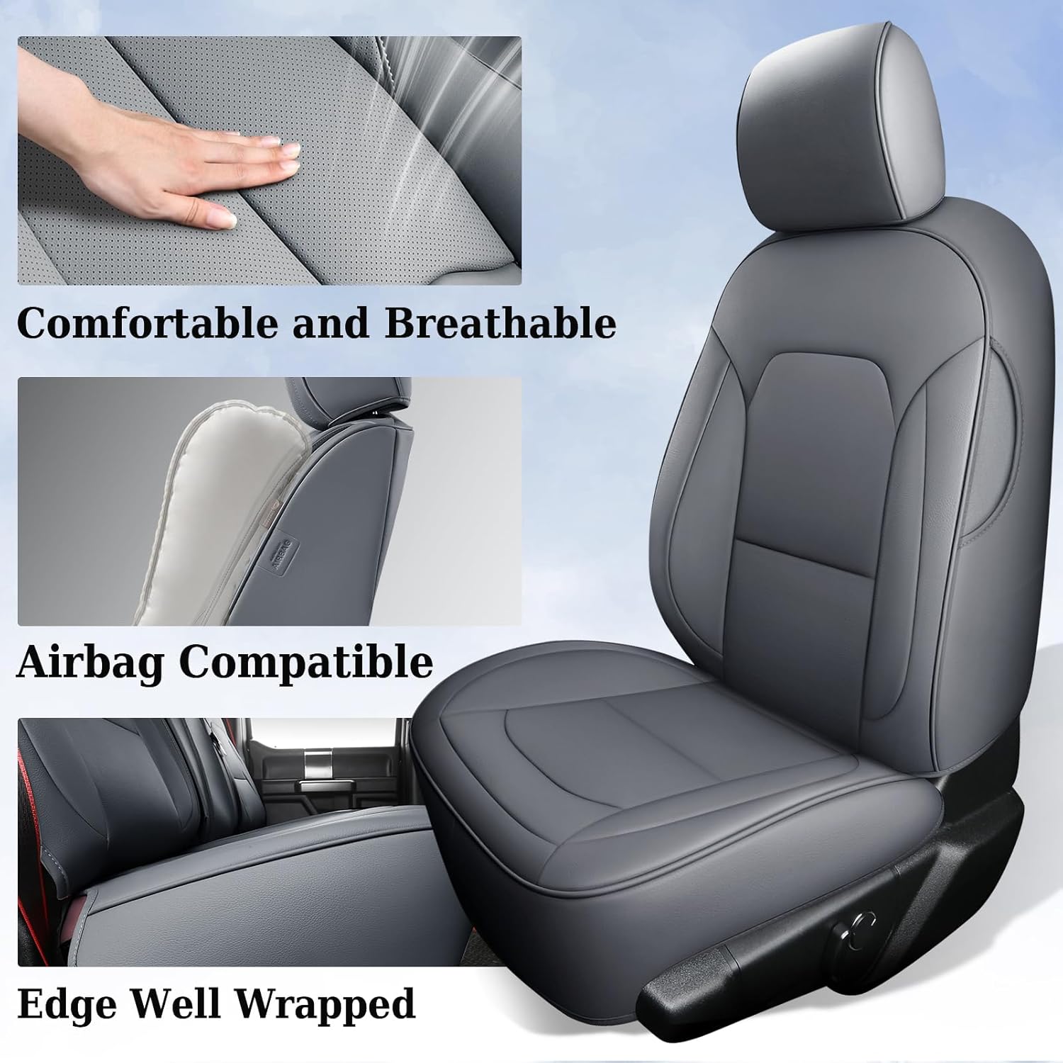 Coverado Front Seat Covers for Ford F150, Leather Auto Seat Cover Fit 2015-2026 F150, 2017-2026 F250 F350 F450 (Gray)