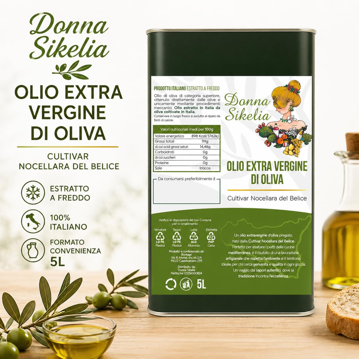Donna Sikelia Olio Extravergine di Oliva 5L da Olive Cultivar Nocellara del Belice 100% Italiano Estratto a Freddo Fruttato Medio Lattina