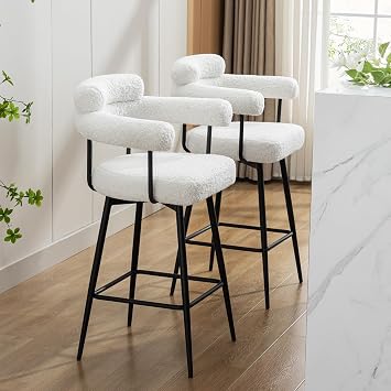 Zesthouse Swivel Counter Height Stools Set of 2, 26" Modern Barrel Bar Stools with Backs & Arm Rest, Upholstered Sherpa Fabric Counter Height Chairs for Island Kitchen, Metal Legs & Footrest, White