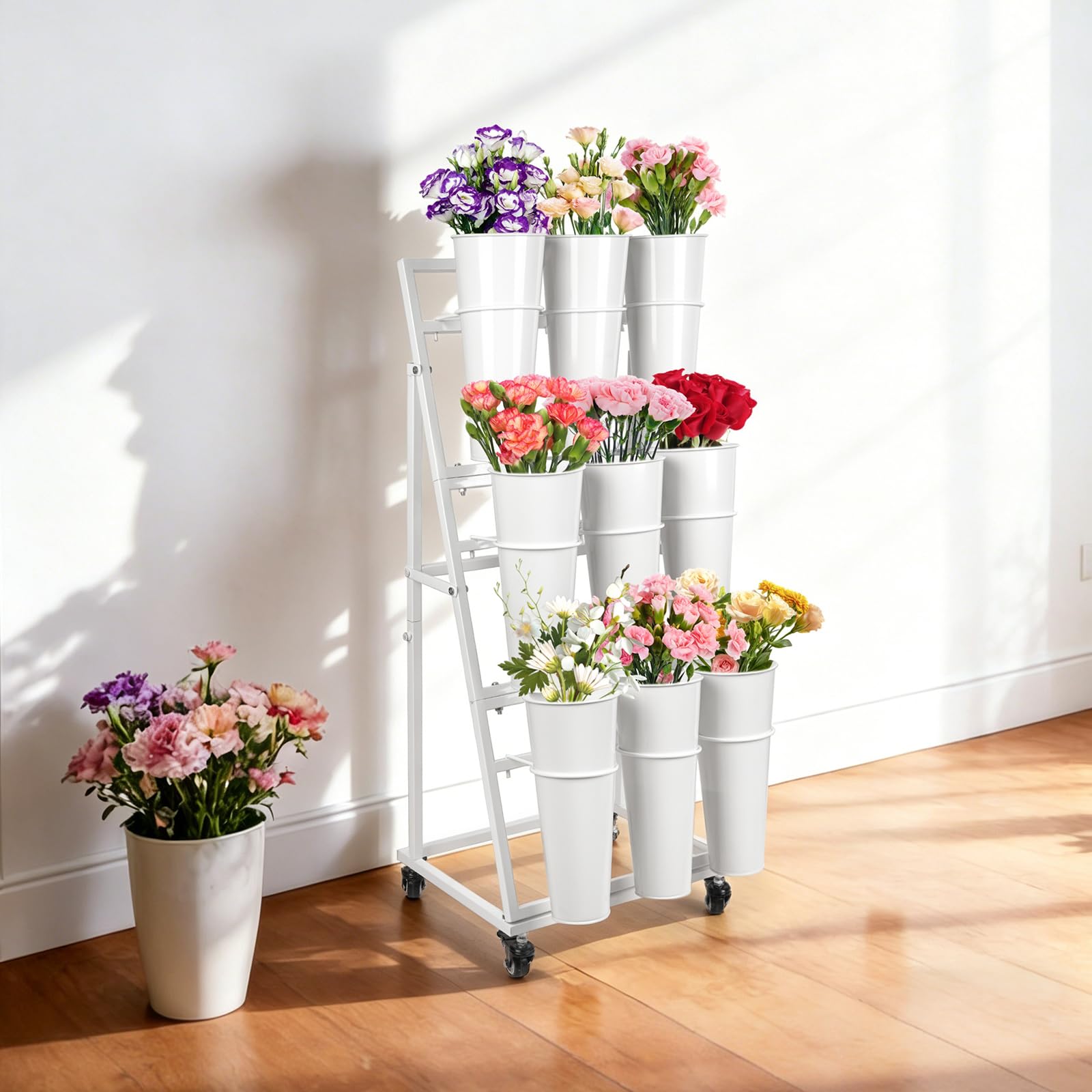 Blumenständer aus Metall mit 9 Eimern, Blumenwagen mit Rädern, Blumenbar für Hochzeit, Garten, Events, Party-Dekoration, Weiß