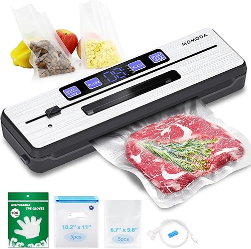 Miniatura 1 de MOMODA Máquina selladora al vacío con kit de inicio, sellador automático de alimentos 80KPa, 8 en 1 con bolsas desechables, modo húmedo y seco, VAC