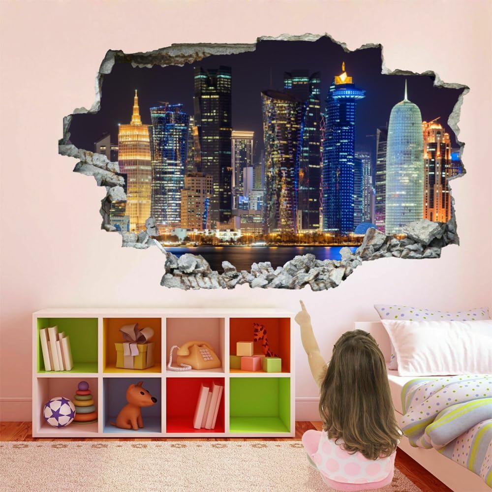 Tatuajes De Pared Wall Tattoo 3D Smashed Edificio De La Ciudad Adhesivo De Pared Extraíble Calcomanías Murales Para Habitaciones Paisaje Nocturno Niñas Niños Dormitorio Mural Decoración Para El Hogar