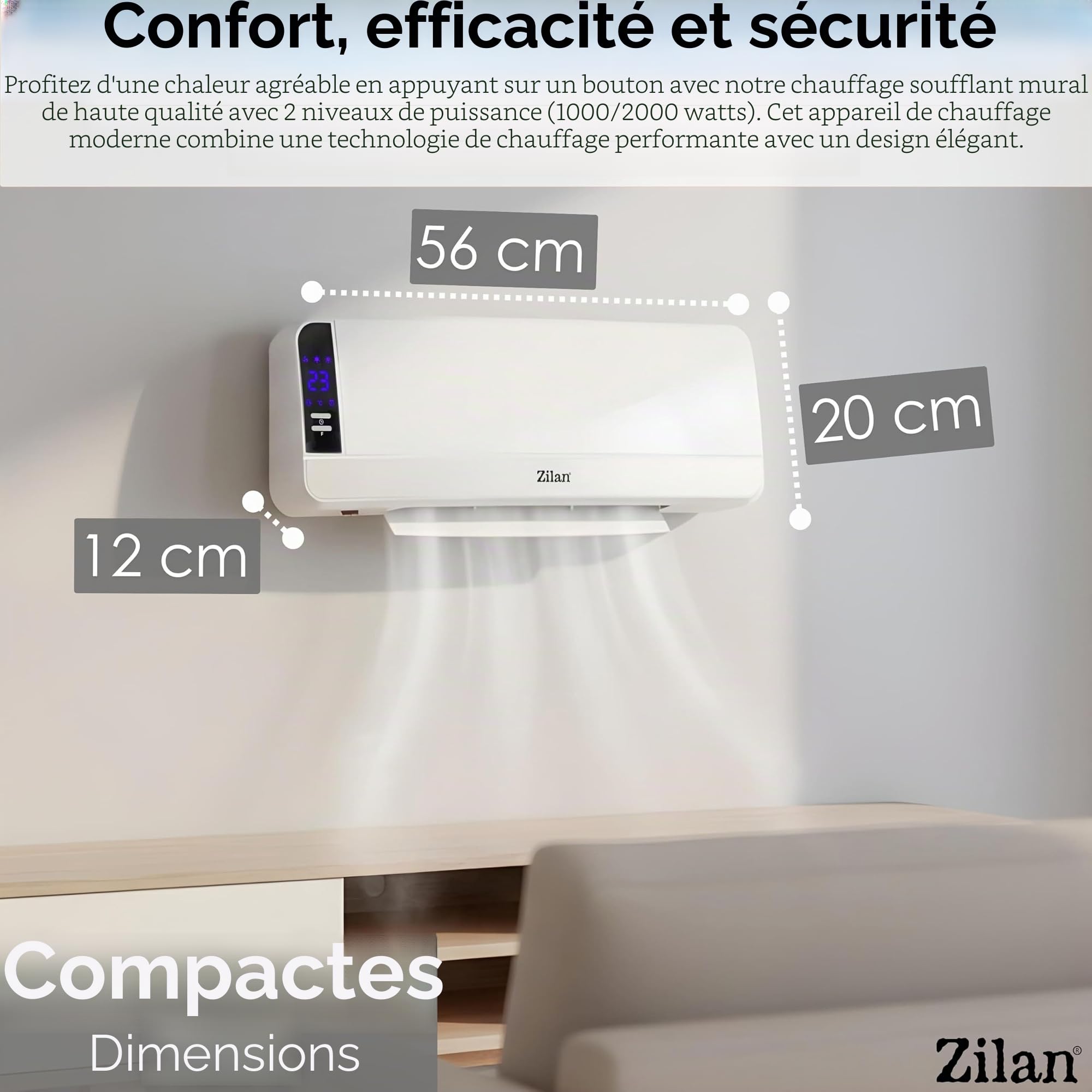 Radiateur mural en céramique - Chauffage mural électrique - Pour salle de bain - Économie d'énergie - Télécommande - Mini chauffage mural - Élément chauffant en céramique - Chauffage rapide