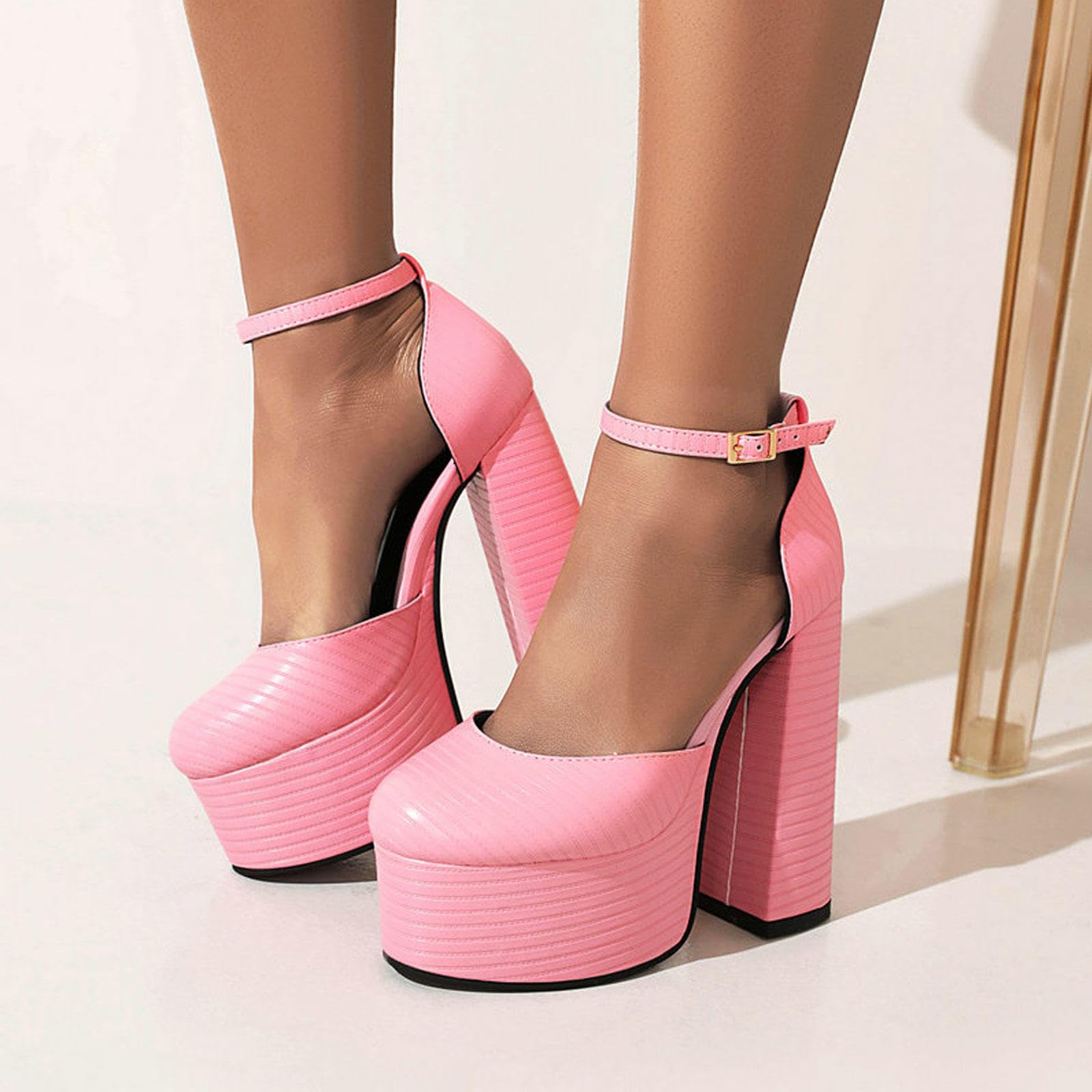 Talons Hauts Escarpins Plateforme Fermés Bout Rond Femmes Chaussures Soirée Talon Épais Bride Cheville 14,5cm,Pink-41