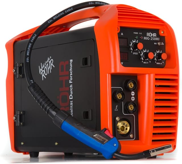 Röhr MIG-250MI 3-in-1 MIG/ARC Welder Inverter Gas/Gasless 250 Amp DC Anti-Stick Welding Machine MMA IGBT 240V AC - Welding Mask & Variety of Accessories Included