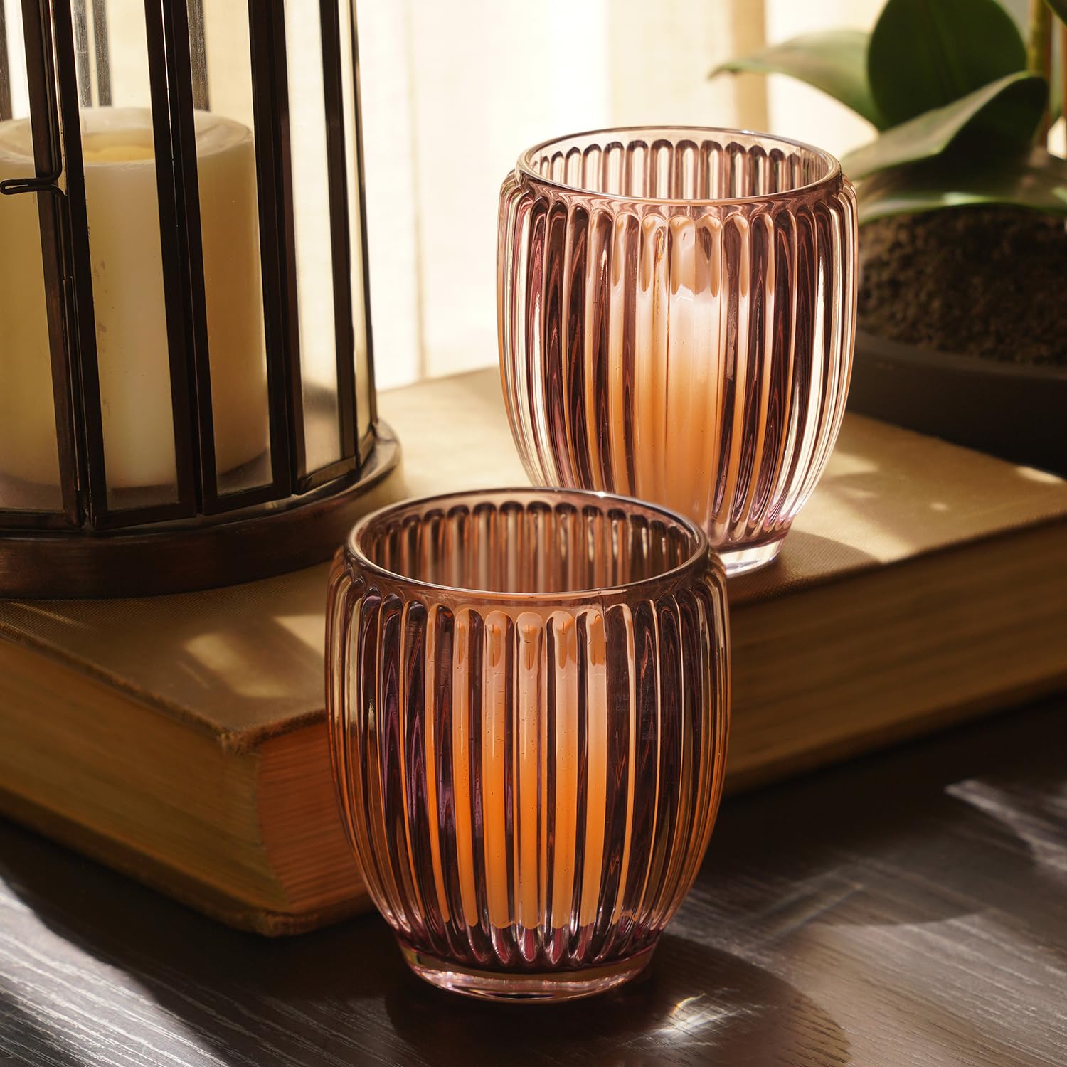 Pure Home + Living Set of 2 Maroon Glass Ribbed Tealight Holders - Large for Home Décor, Living Room, Table Centerpieces, Weddings, Dinner Parties, Candle Light Dinners, Gift (Pack of 2)-image-26
