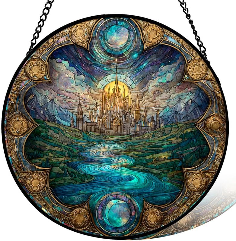 Stained Glass Window Hanging， Rivendell Landscape 11.8in Sun Catchers Indoor Window， Core Decor Inside and Outside The Cottage， Gifts for Women， Mountain River Night Scene Art Decor