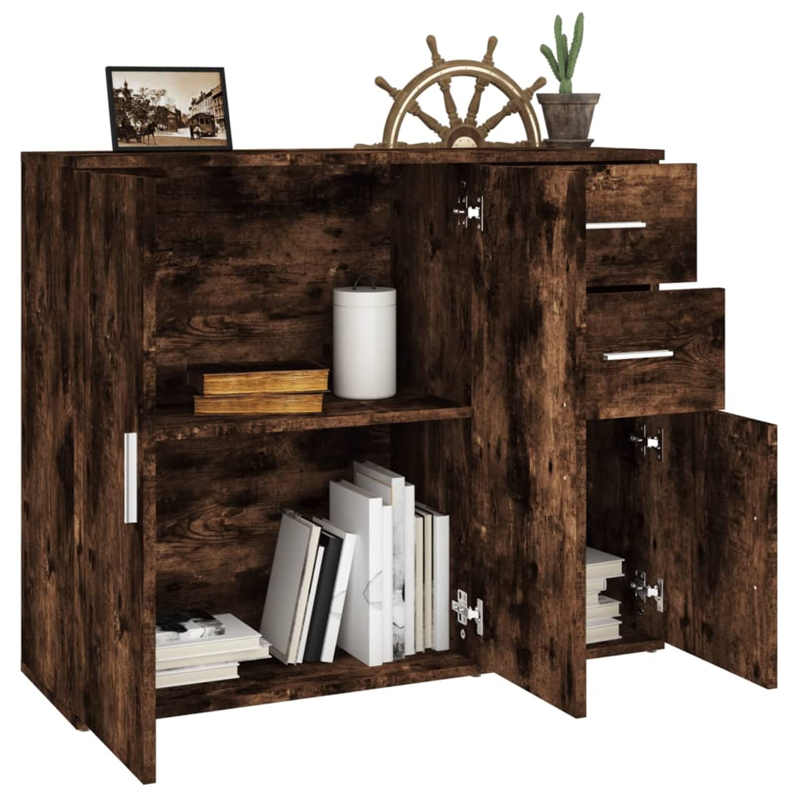 Homgoday Credenza Rovere Fumo 91x29,5x75 cm in Legno Multistrato, Armadio di Stoccaggio, Credenza Armadio da Cucina, Salvaspazio Mobiletto, per Soggiorno, Camera, Ufficio,Mobili Interni/Esterni