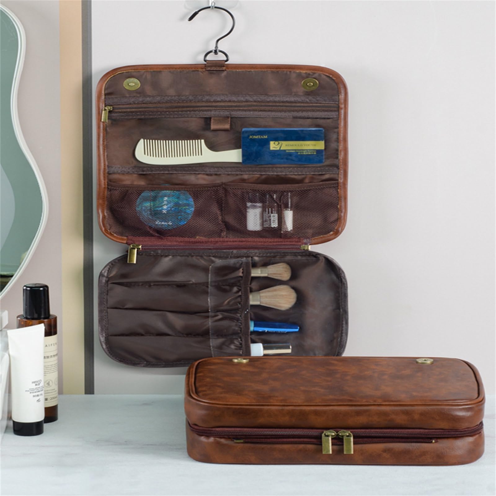 Borsa da Toilette da Appendere Borsa da viaggio in pelle PU da uomo, grande capacità, impermeabile, for cosmetici(Reddish brown)