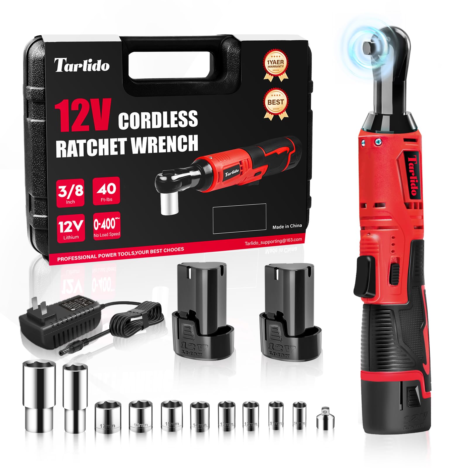 Tarlido 3/8" Electric Ratchet Wrench, 40 Ft-Lbs 400 RPM 12V Cordless Battery Powered Ratchet Wrench Set with LED Light, Including 2 Batteries, 11 Sockets and Fast Charge-Red