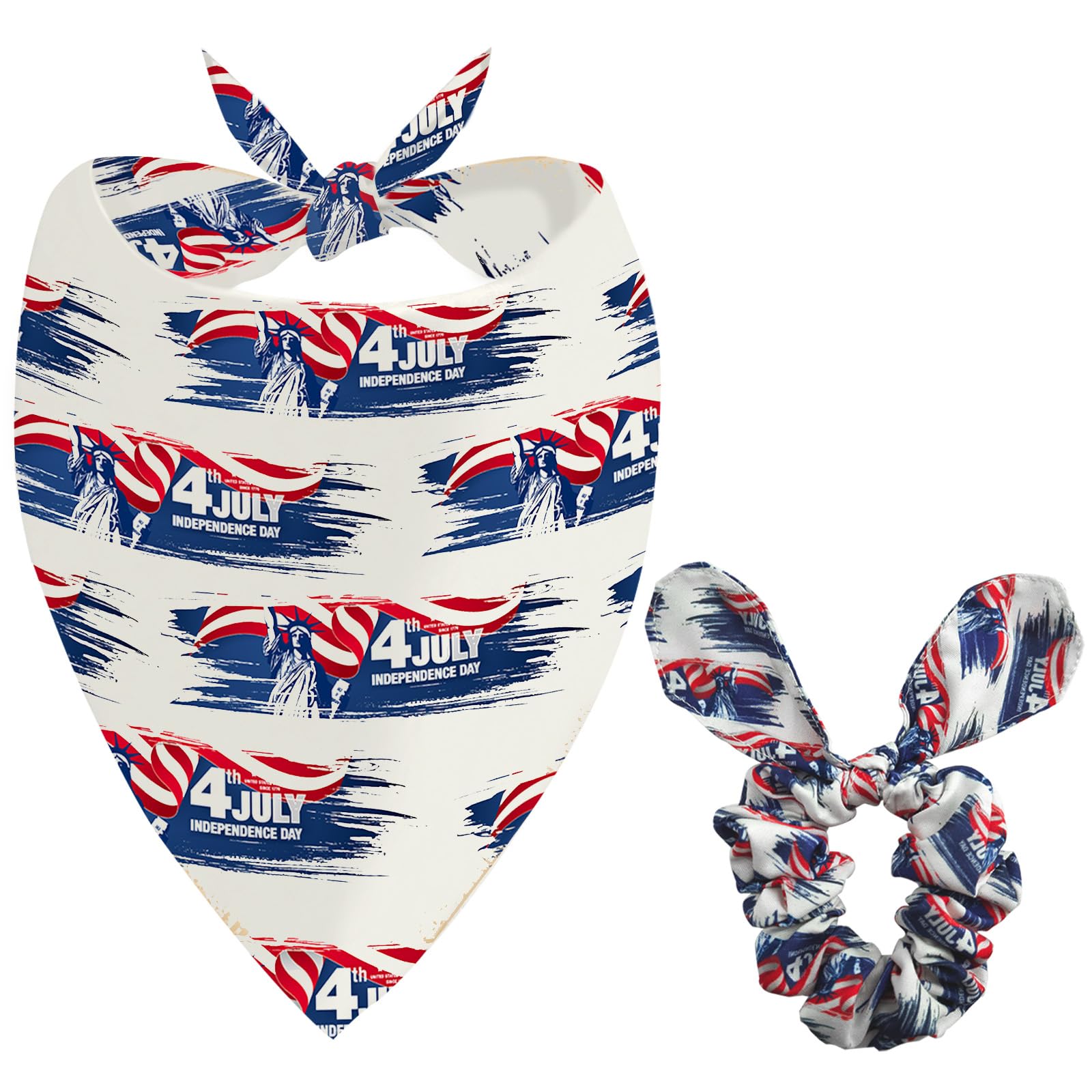 4th of July Dog Bandanas & Matching Scrunchie Set White Independence Holiday Bandana for Medium Large Pet Dogs Birthday and Owner Gifts,Durable