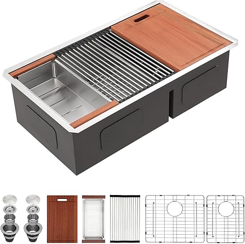 Vista 77 de Sarlai Fregadero doble de 33 piezas para empotrar - Fregadero de cocina de 33 x 19 pulgadas, acero inoxidable de calibre 16, esquina redonda, doble