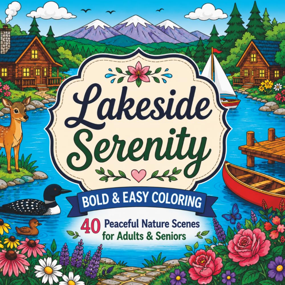 Lakeside Serenity: A Peaceful Coloring Book for Seniors Featuring Calm Lakes, Cozy Cabins, Wildlife, Gardens, Boats, and Relaxing Nature Scenes