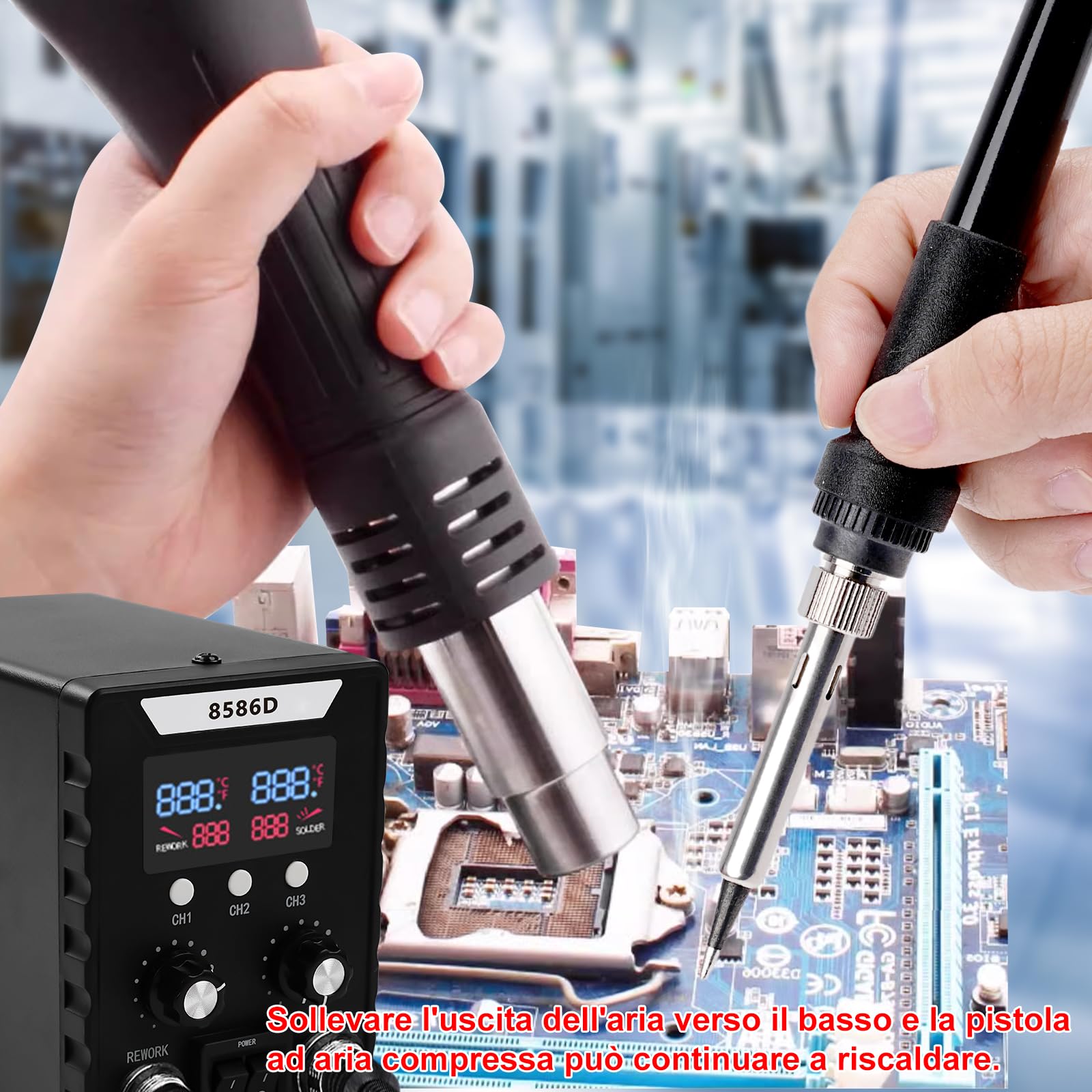 8586D Stazione Saldante, 2 In 1 da 760W Set Stazione di Saldatura, per saldatura e dissaldante SMD con schermo LCD, temperatura regolabile 180 ℃-500 ℃ con 3 ugelli aria per Riparazioni di Elettronica
