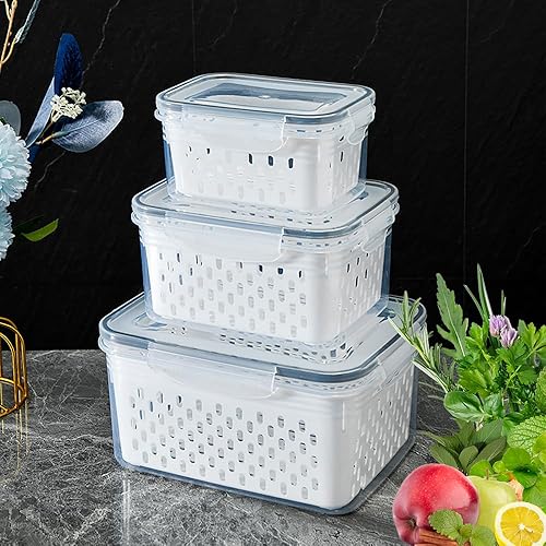 Paquete de 3 recipientes herméticos de almacenamiento de alimentos, organización de cocina sin BPA para refrigerador, colador extraíble, apto para