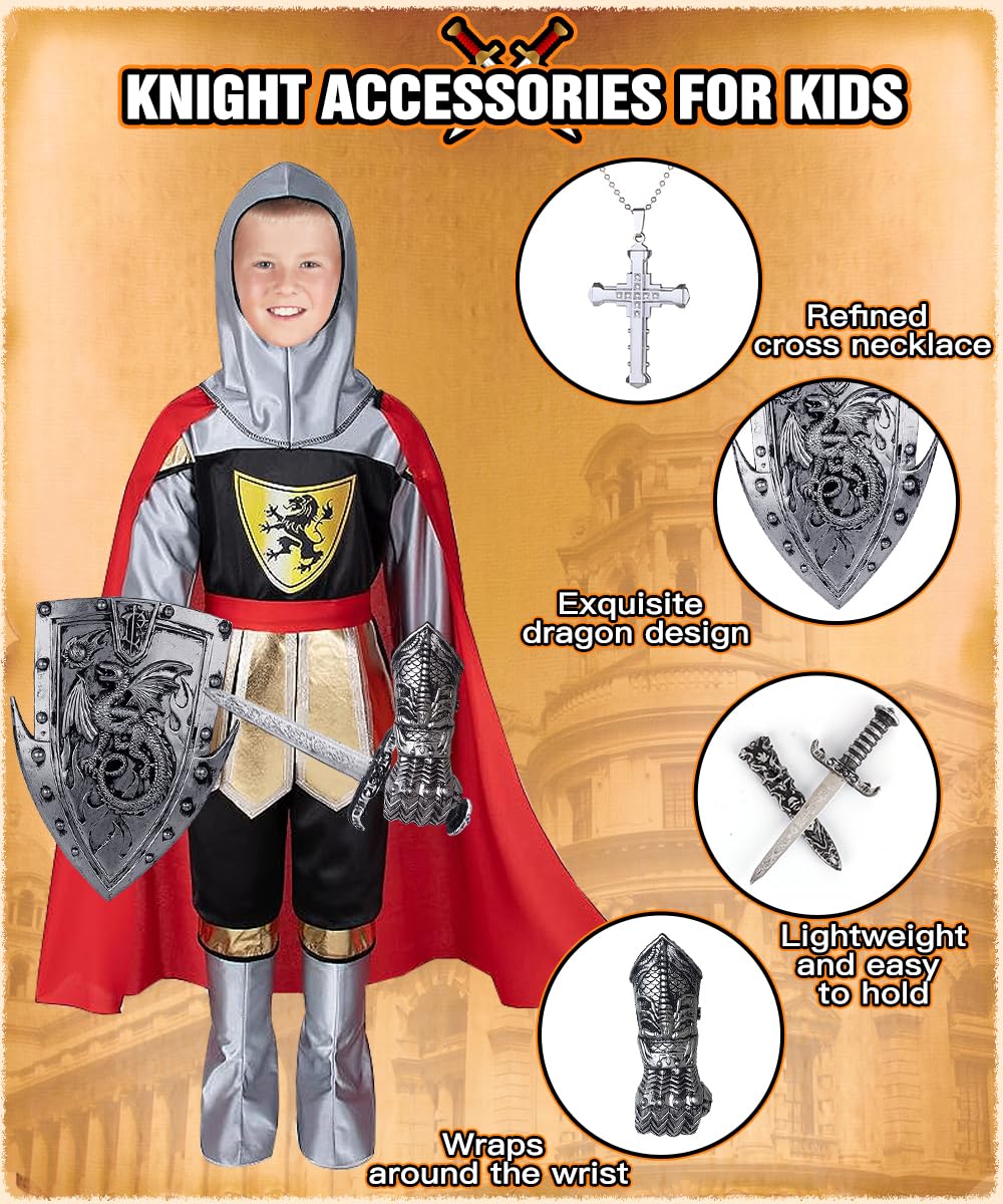 TOLOYE Disfraz Caballero Medieval Niño, Disfraz Romano Niño con Casco Espada Escudo Capa, Regalo para Niño, Disfraz Medieval Traje Medieval para Carnevale Cosplay Halloween Navidad Cumpleaños