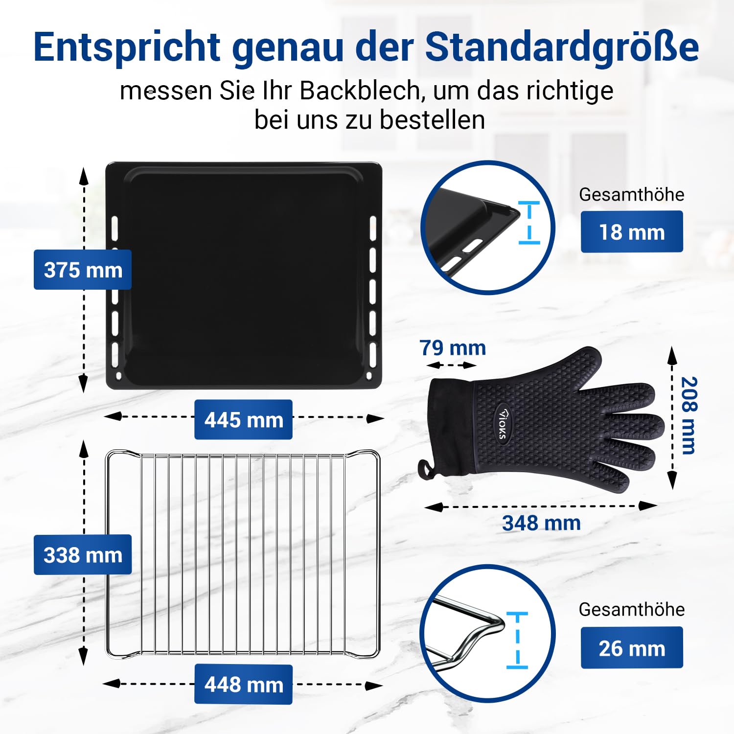 VIOKS Backblech + Grillrost + Handschuhe Ersatz für Bauknecht 481241838128