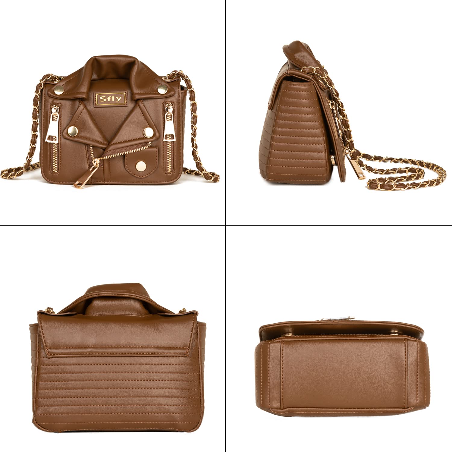 Sfly - Bolso bandolera de piel con cadena, tipo cartera, de mano, de noche, original, con forma de chaqueta, para mujer., A-Marrón, Medium