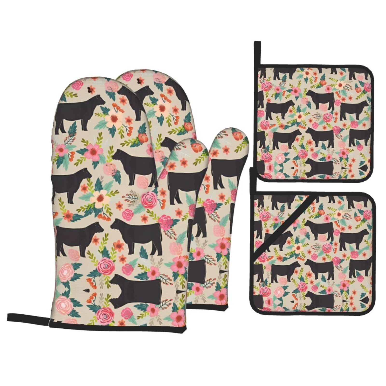 HJFCZH Flower cow Prints Kitchen Throw Set: Durable Oven Layers with Waterproof Polyester – 4 Piece Heat Protection System